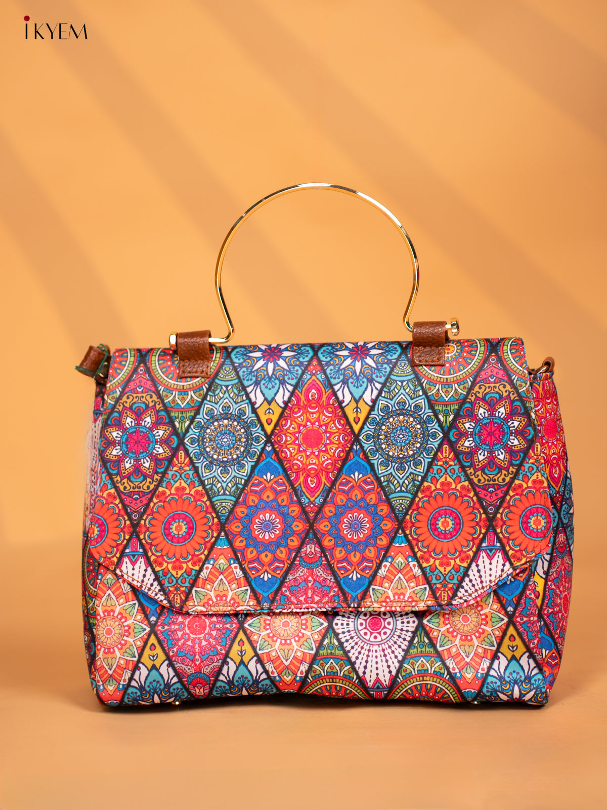 Printed Geometric Design Metal Handle with Leather Sling Bag - Multi Colour - KD05147