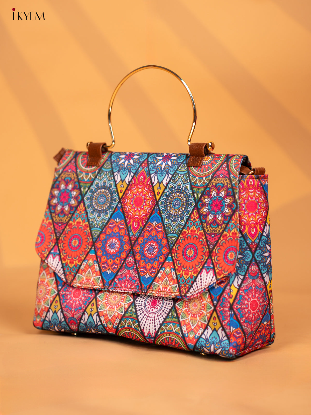 Printed Geometric Design Metal Handle with Leather Sling Bag - Multi Colour - KD05147
