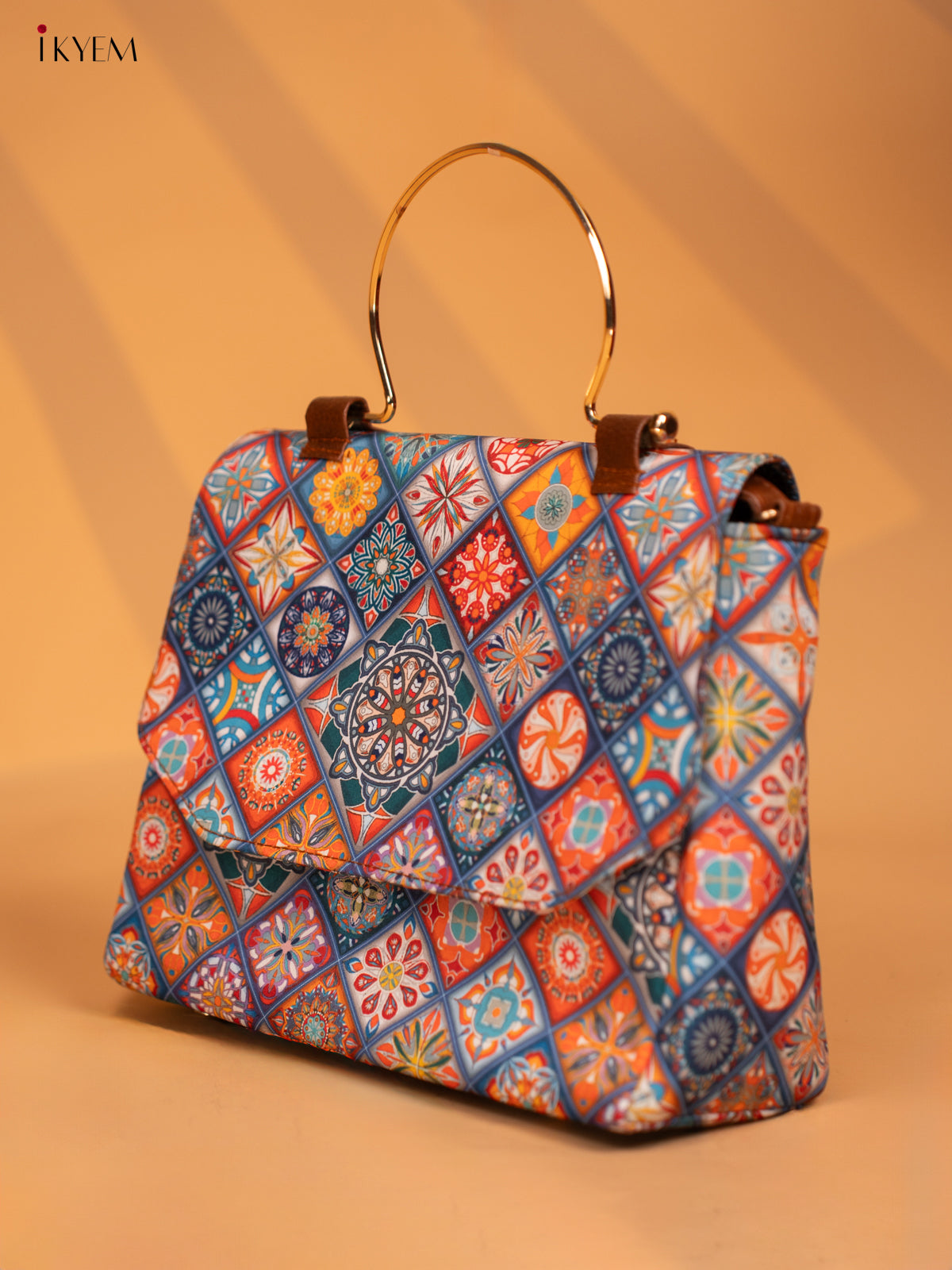 Printed Mandala Art Metal Handle with Leather Sling Bag - Multi Colour - KD05148