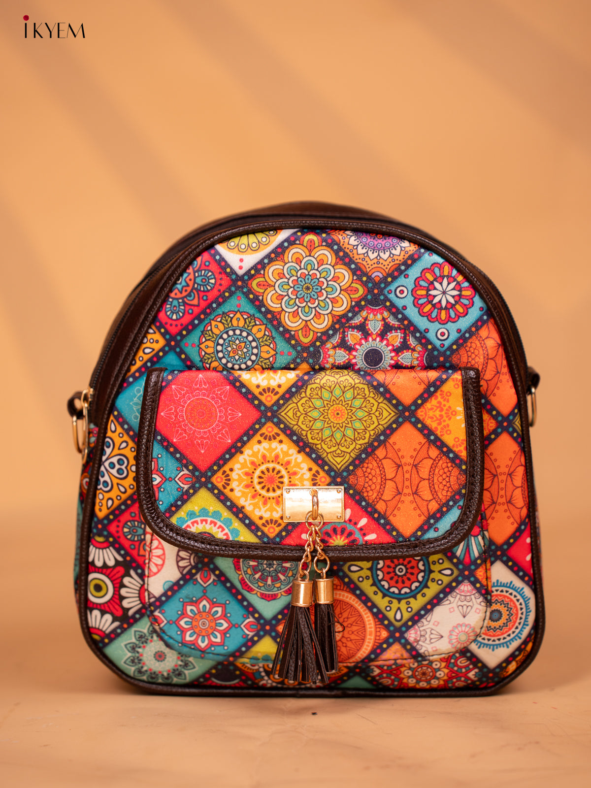 Printed Rangoli Design Leather Backpack- Multi Colour - KD05160