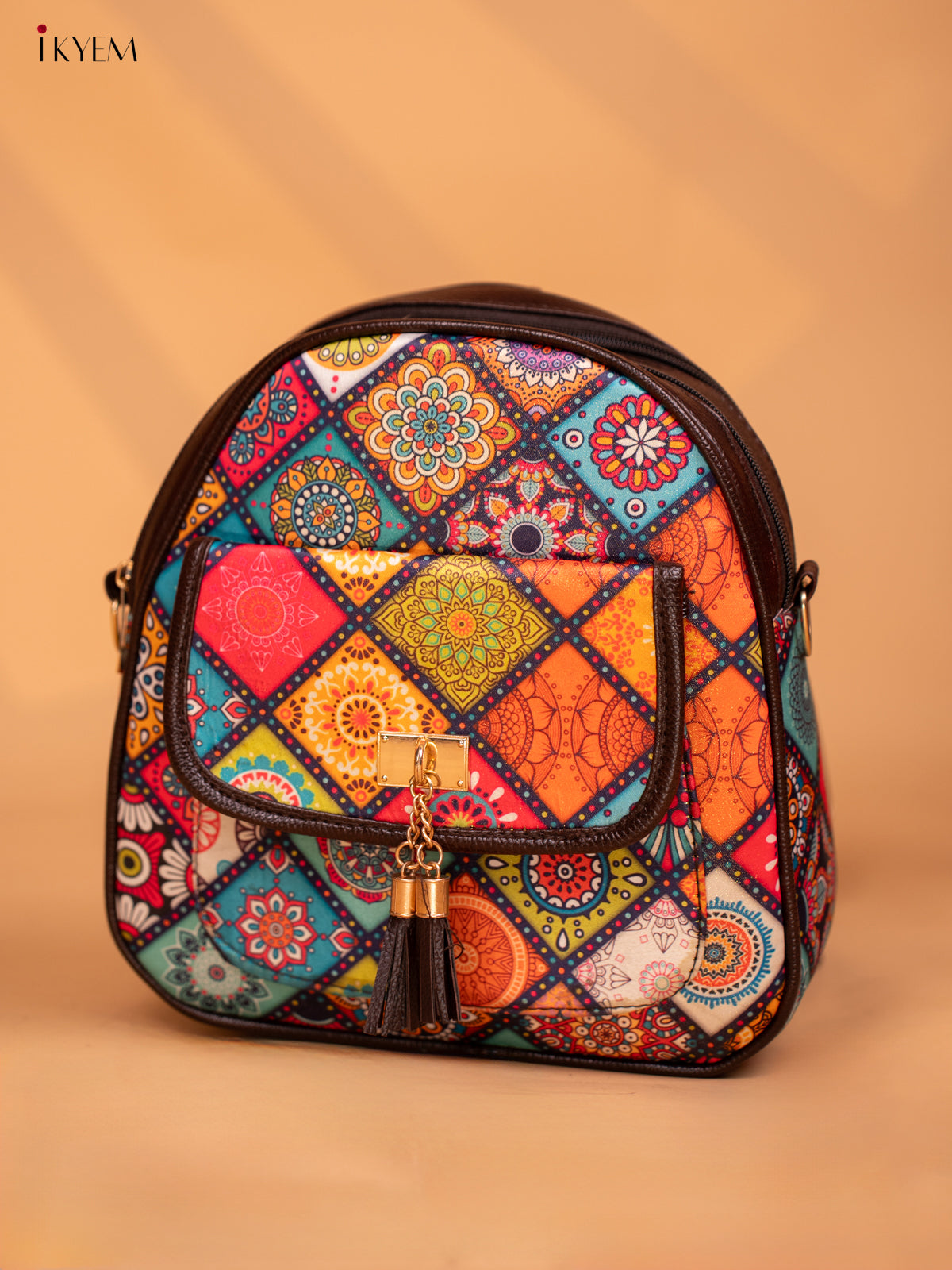 Printed Rangoli Design Leather Backpack- Multi Colour - KD05160