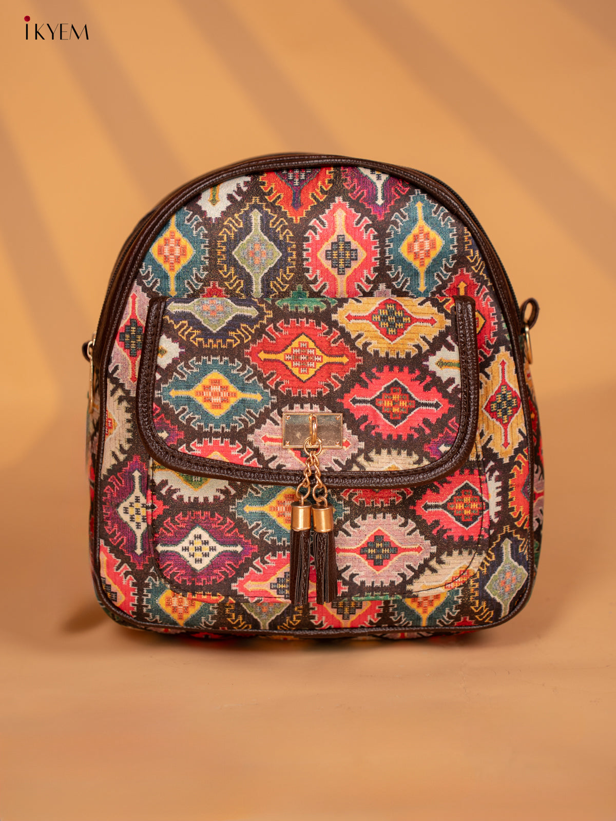 Printed Ikat Design Leather Backpack - Multi colour - KD05161