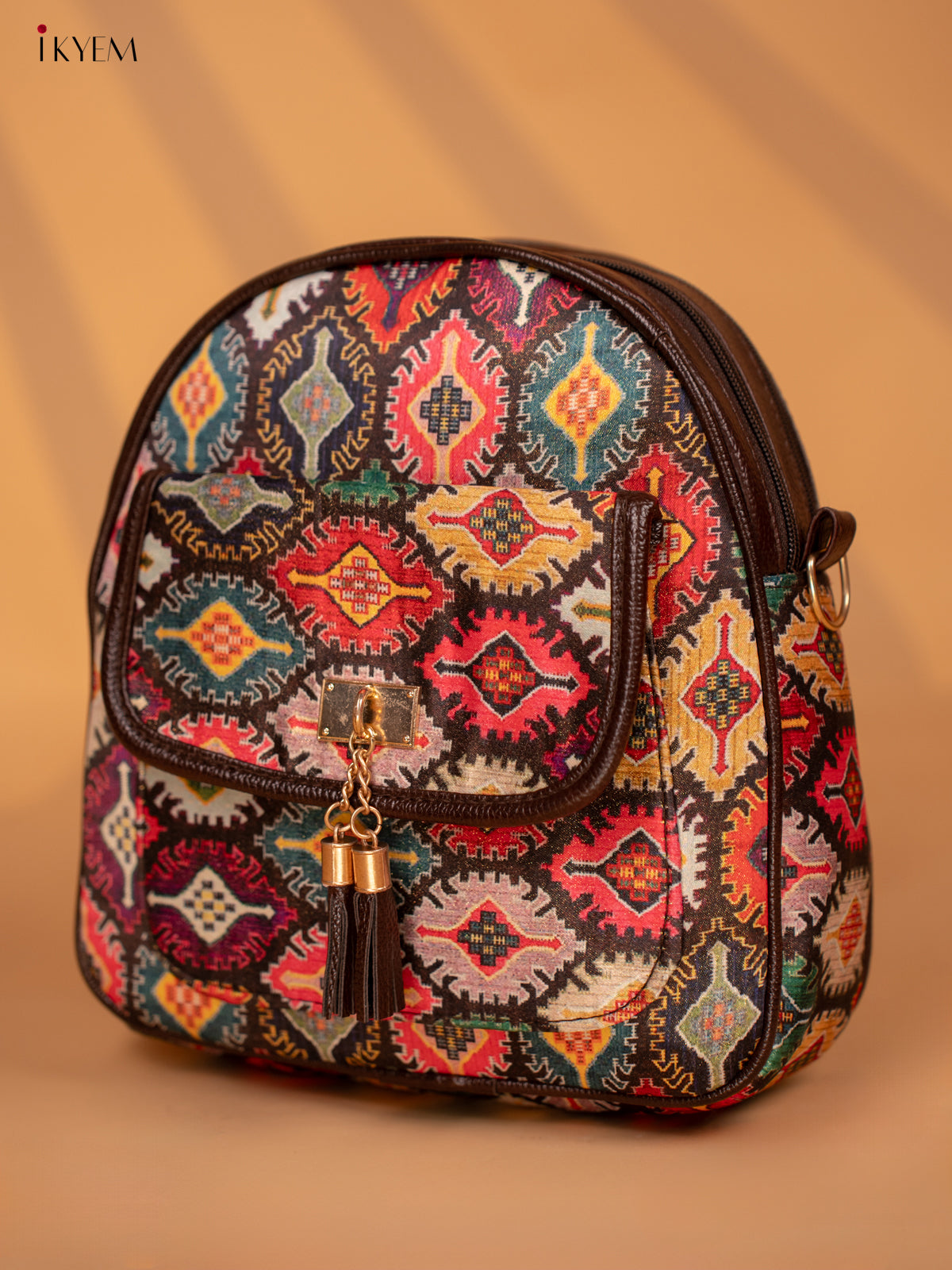 Printed Ikat Design Leather Backpack - Multi colour - KD05161