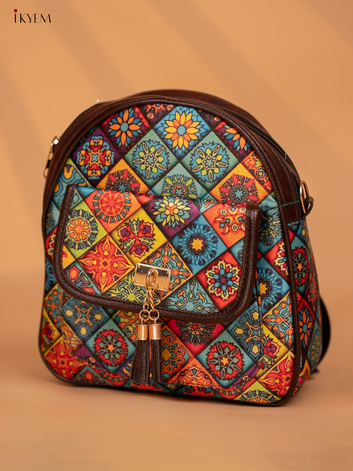 Printed Mandala Art Leather Backpack - Multi Colour - KD05162