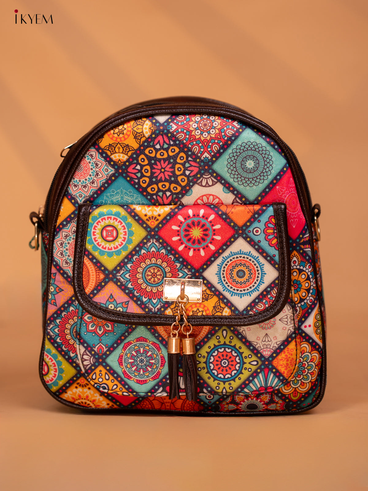 Printed Mandala Art Leather Backpack - Multi Colour - KD05163