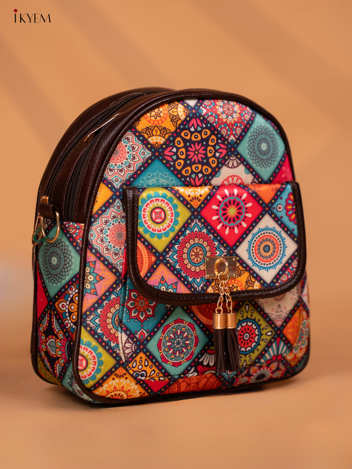 Printed Mandala Art Leather Backpack - Multi Colour - KD05163