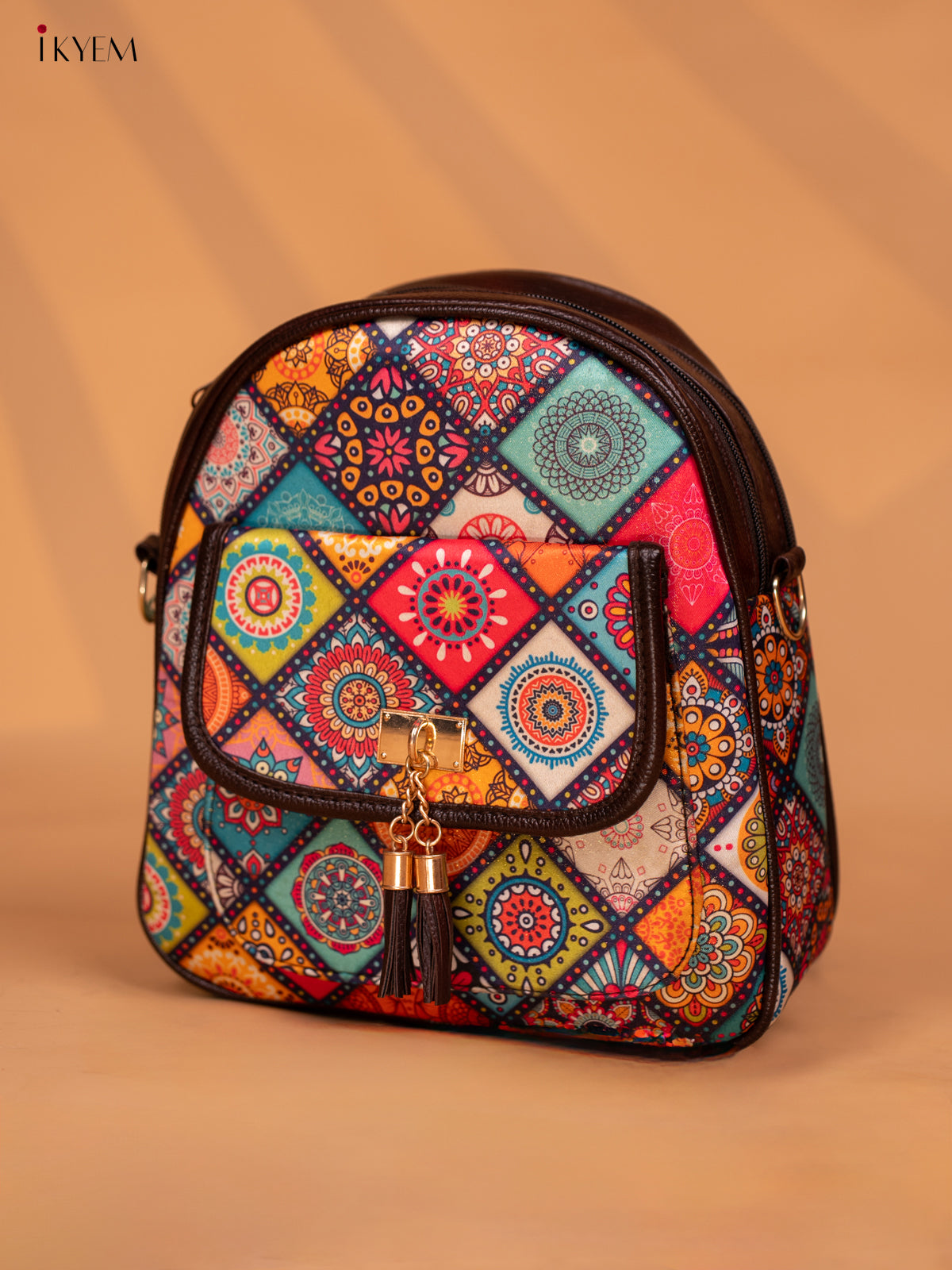 Printed Mandala Art Leather Backpack - Multi Colour - KD05163