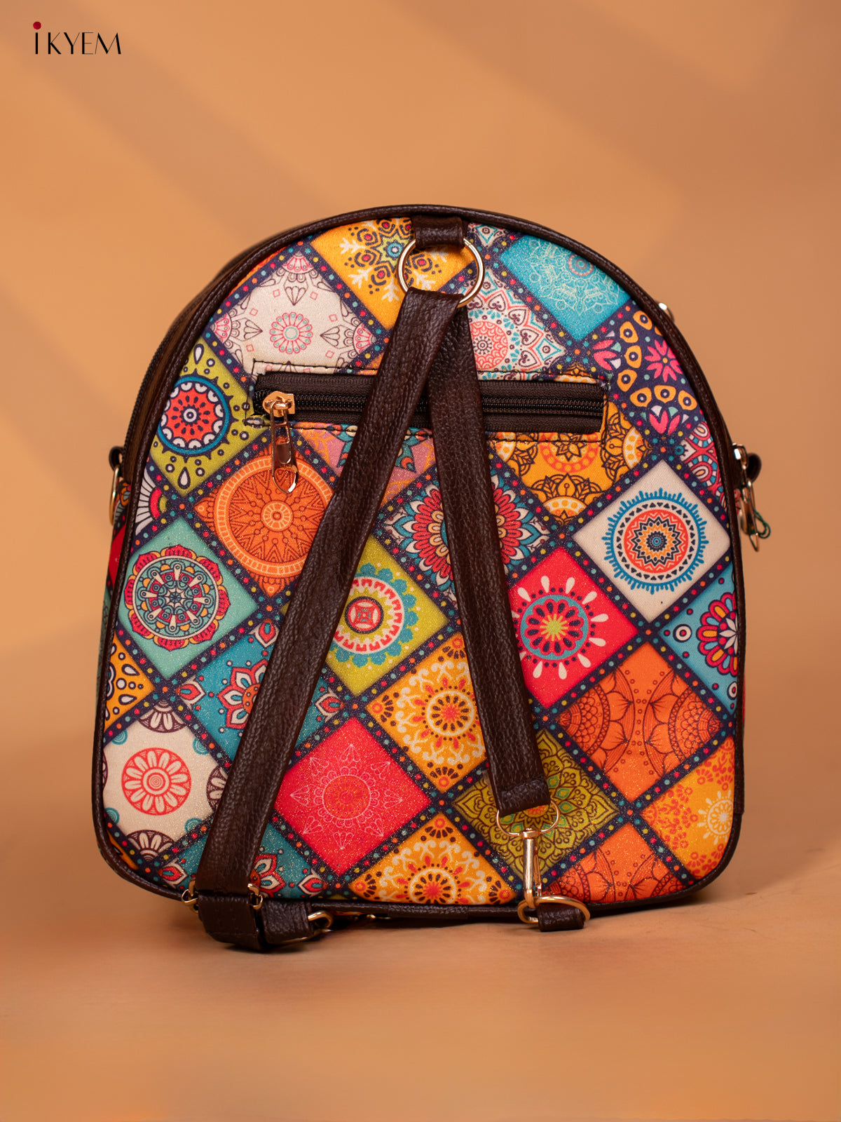 Printed Mandala Art Leather Backpack - Multi Colour - KD05163