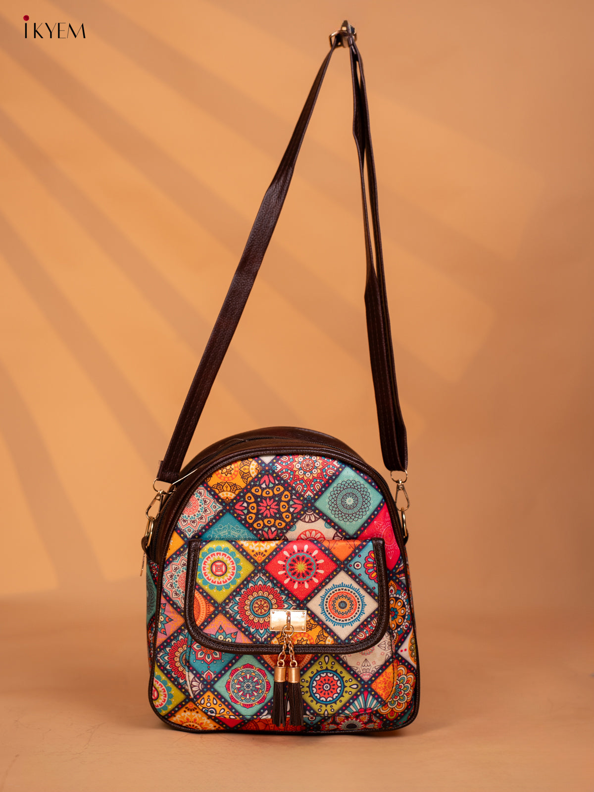 Printed Mandala Art Leather Backpack - Multi Colour - KD05163