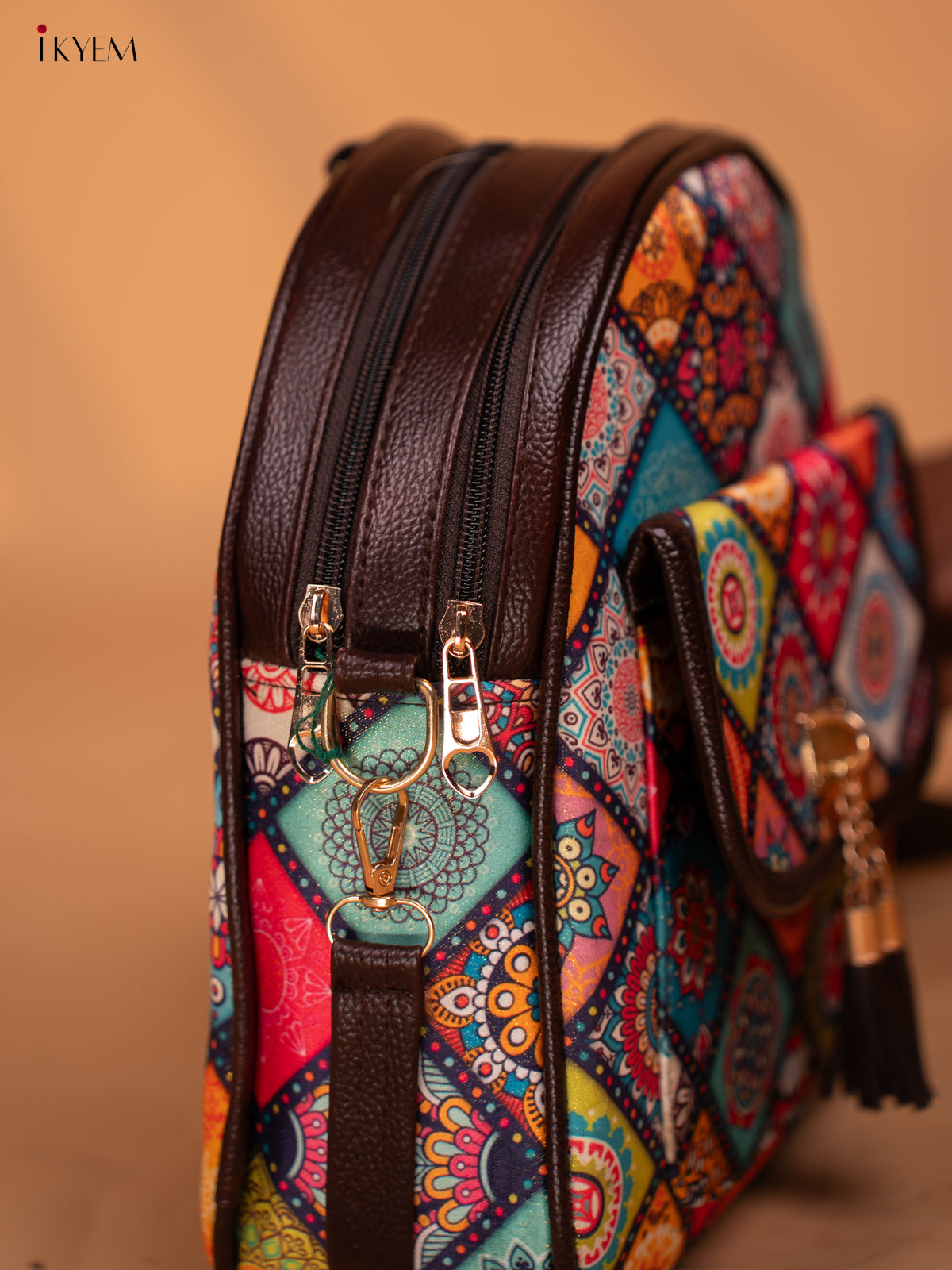 Printed Mandala Art Leather Backpack - Multi Colour - KD05163