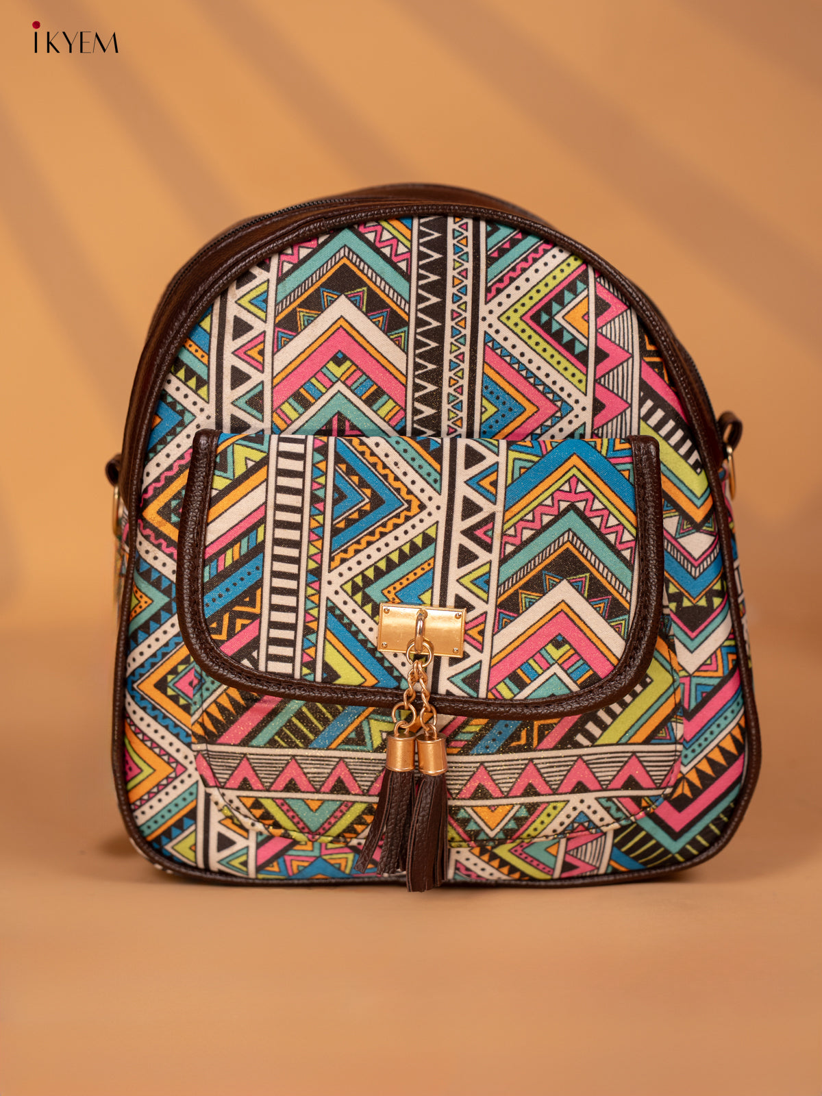 Printed Geometric Design Leather Backpack - Multicolour - KD05164