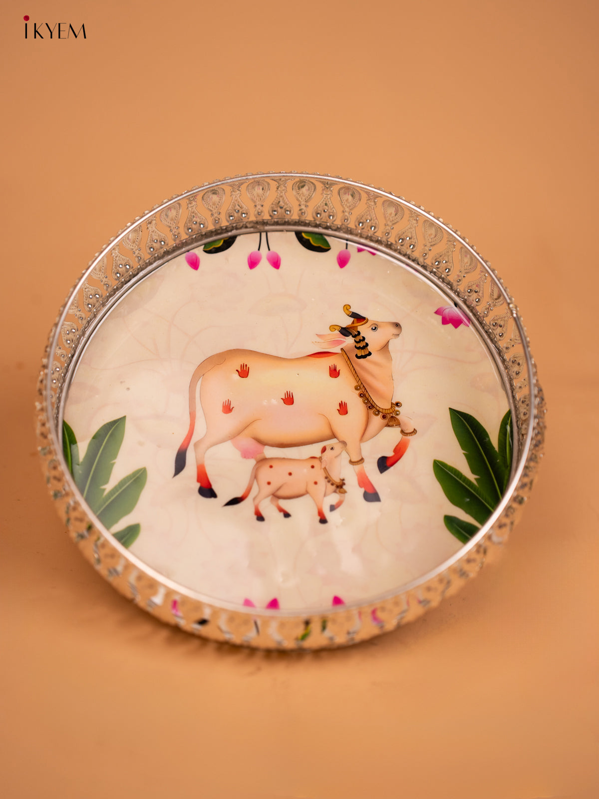 Metal Digital Pichwai tray Cow and Calf - White - 8 Inch - KD12111