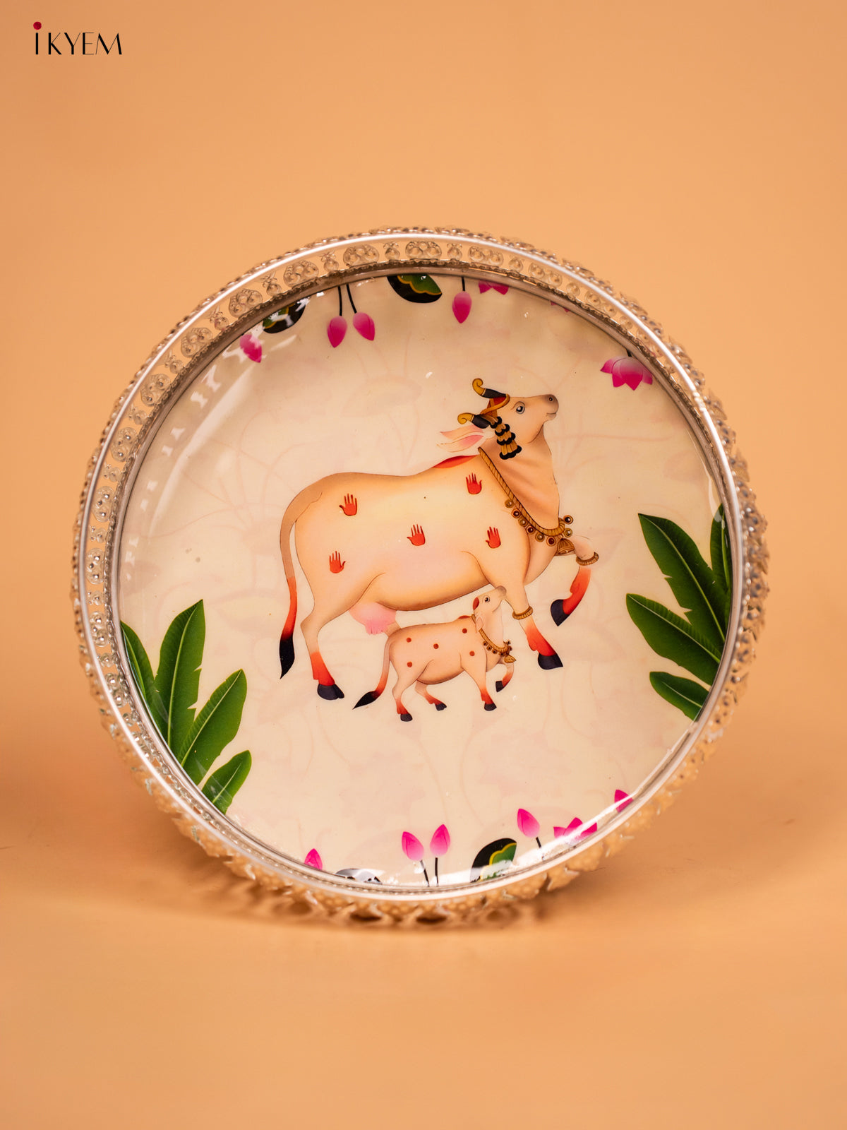 Metal Digital Pichwai tray Cow and Calf - White - 8 Inch - KD12111