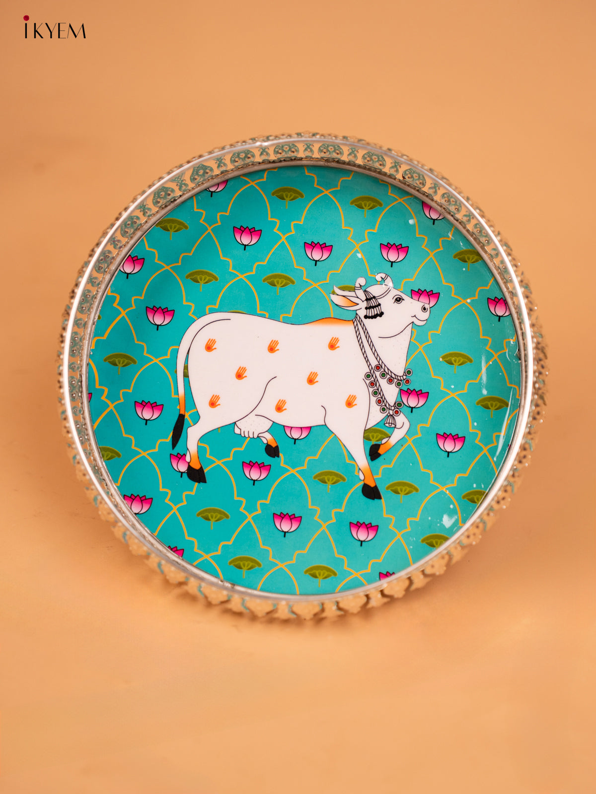 Metal Digital Pichwai tray Cow - Sky Blue - 8 - Inch - KD12113