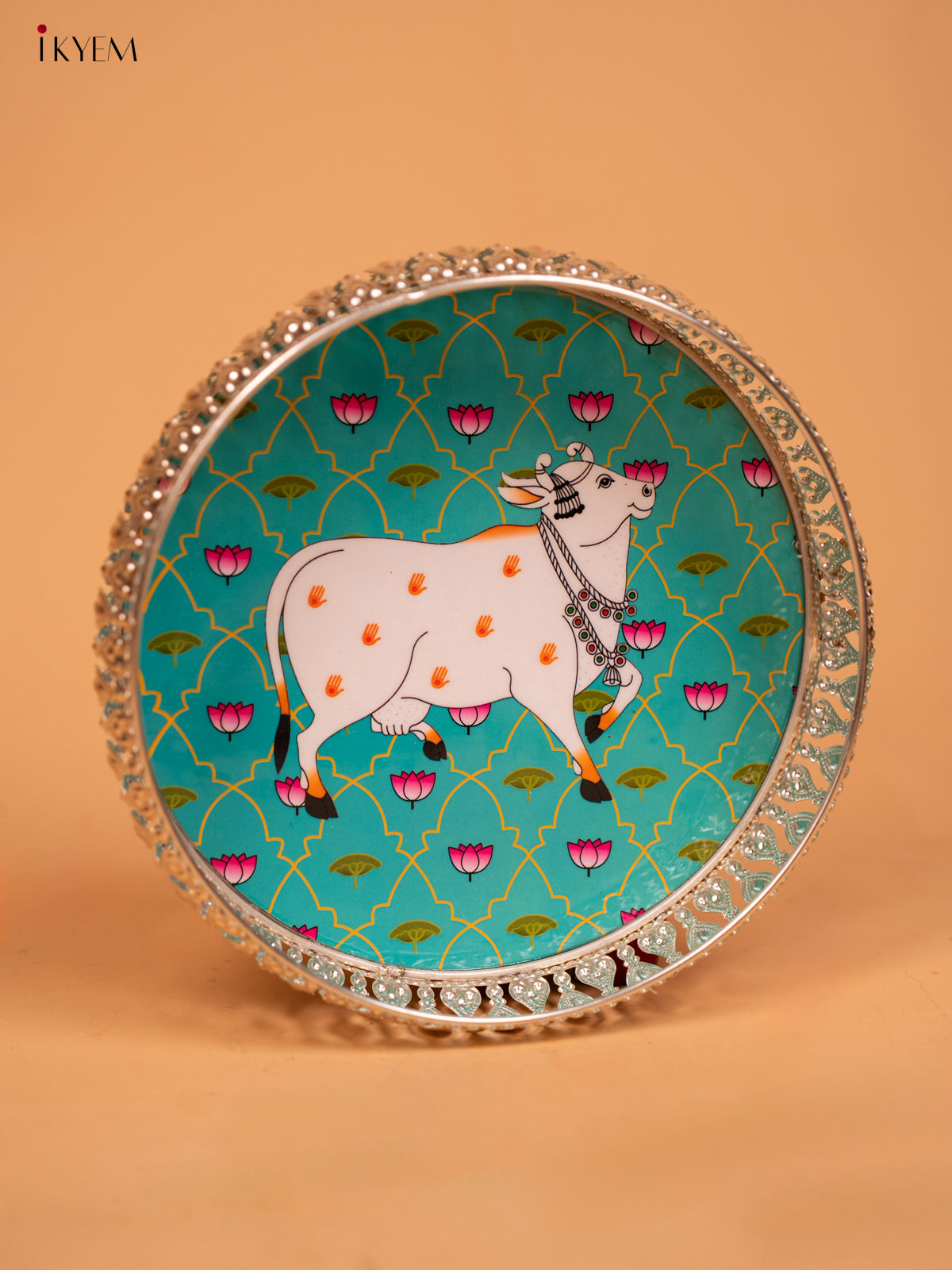 Metal Digital Pichwai tray Cow - Sky Blue - 8 - Inch - KD12113