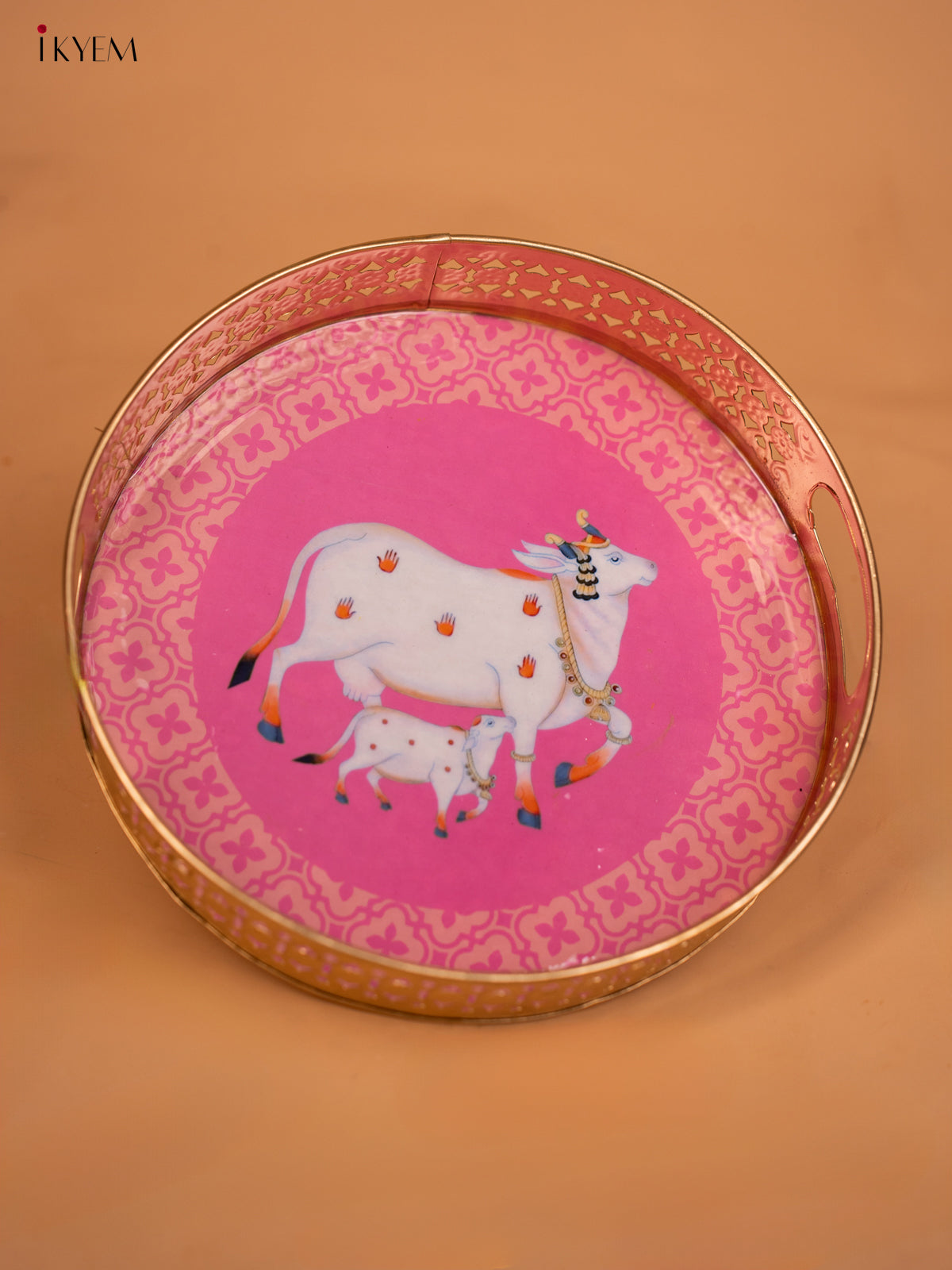 Metal Digital Pichwai tray Cow and Calf - Pink - 10 - Inch - KD12120