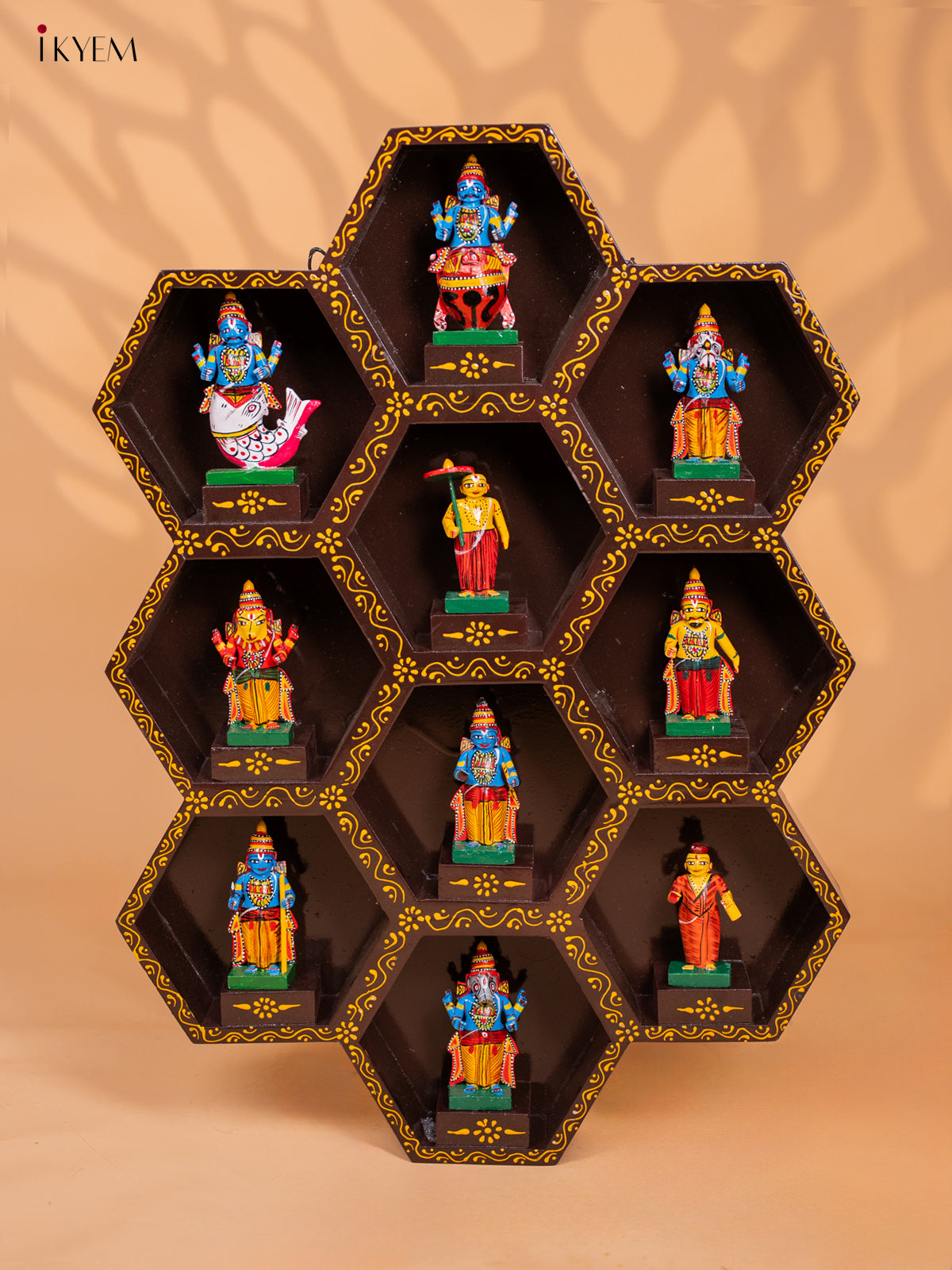 Wooden Octagonal Frame with Kondapalli Dasavatharam Idols - Brown - KD28113
