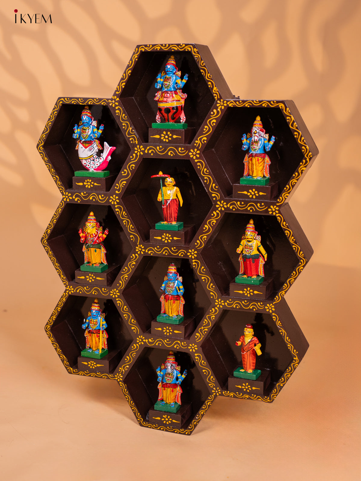 Wooden Octagonal Frame with Kondapalli Dasavatharam Idols - Brown - KD28113