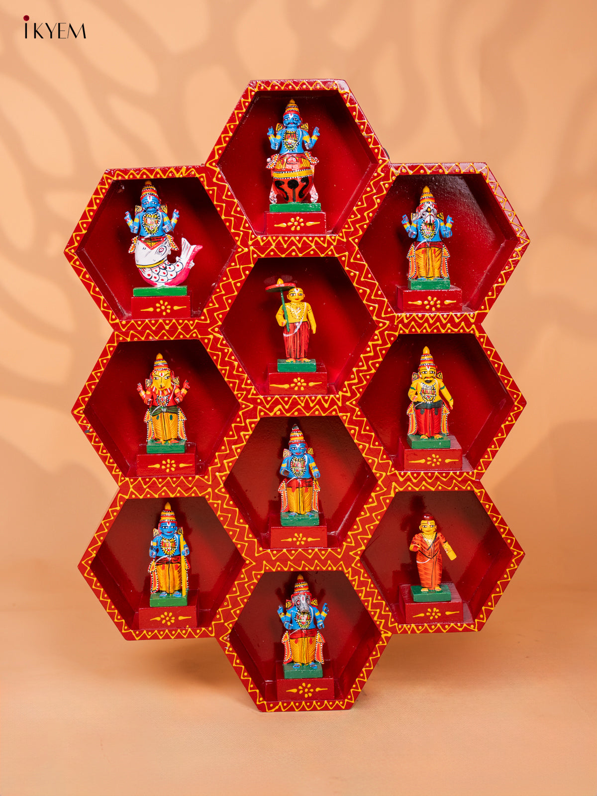 Wooden Octagonal Frame with Kondapalli Dasavatharam Idols - Red - KD28112