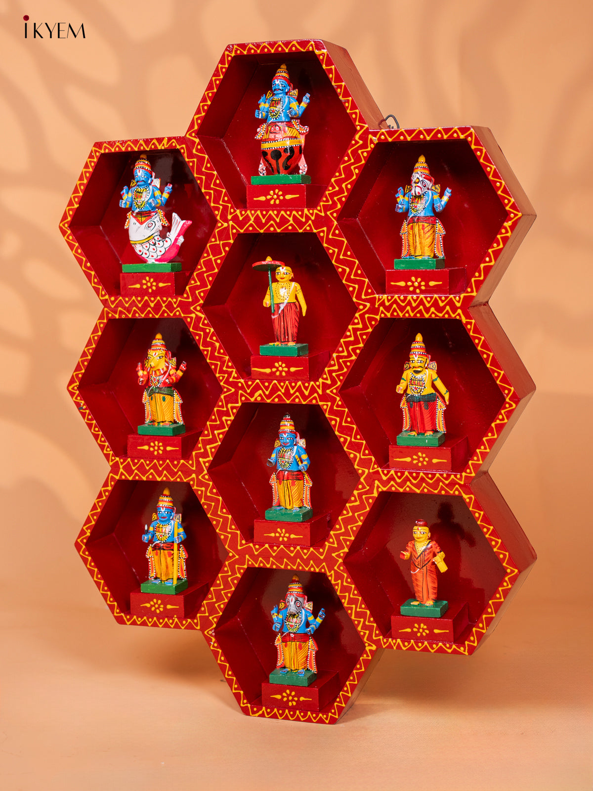Wooden Octagonal Frame with Kondapalli Dasavatharam Idols - Red - KD28112