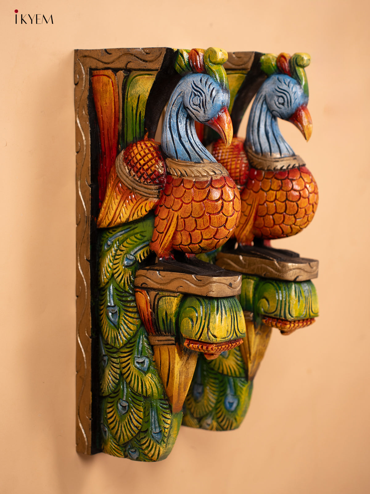 Wooden Hand Carved Painted Wall Bracket - Set of 2 -Peacock - KD18111