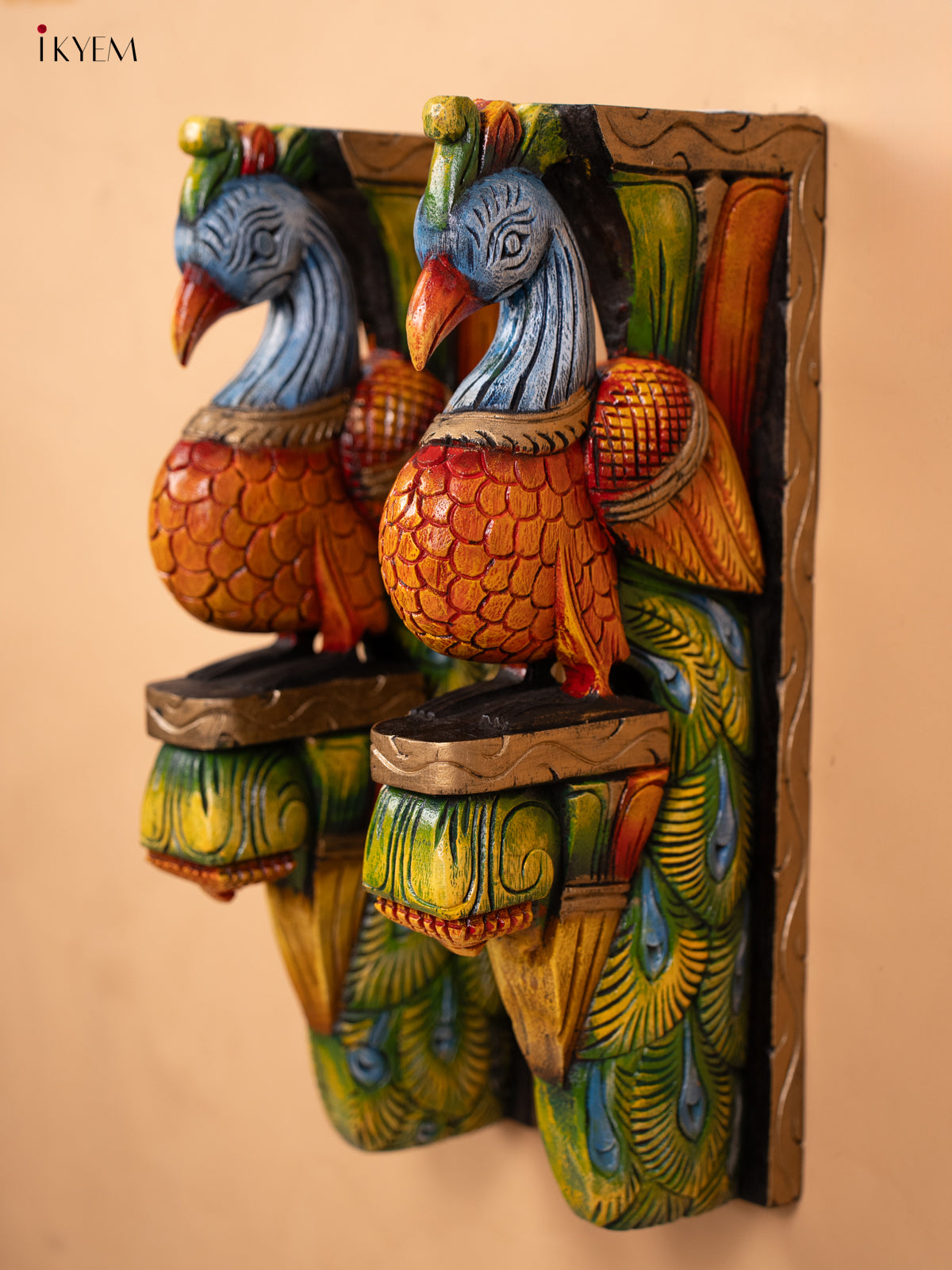 Wooden Hand Carved Painted Wall Bracket - Set of 2 -Peacock - KD18111