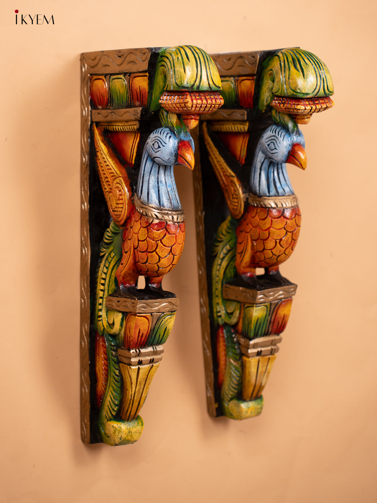 Wooden Hand Carved Painted Wall Bracket - Set of 2 Parrot - KD18113