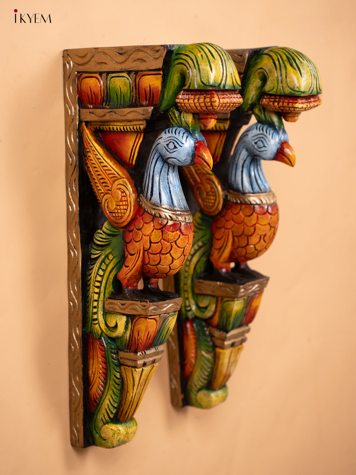 Wooden Hand Carved Painted Wall Bracket - Set of 2 Parrot - KD18113
