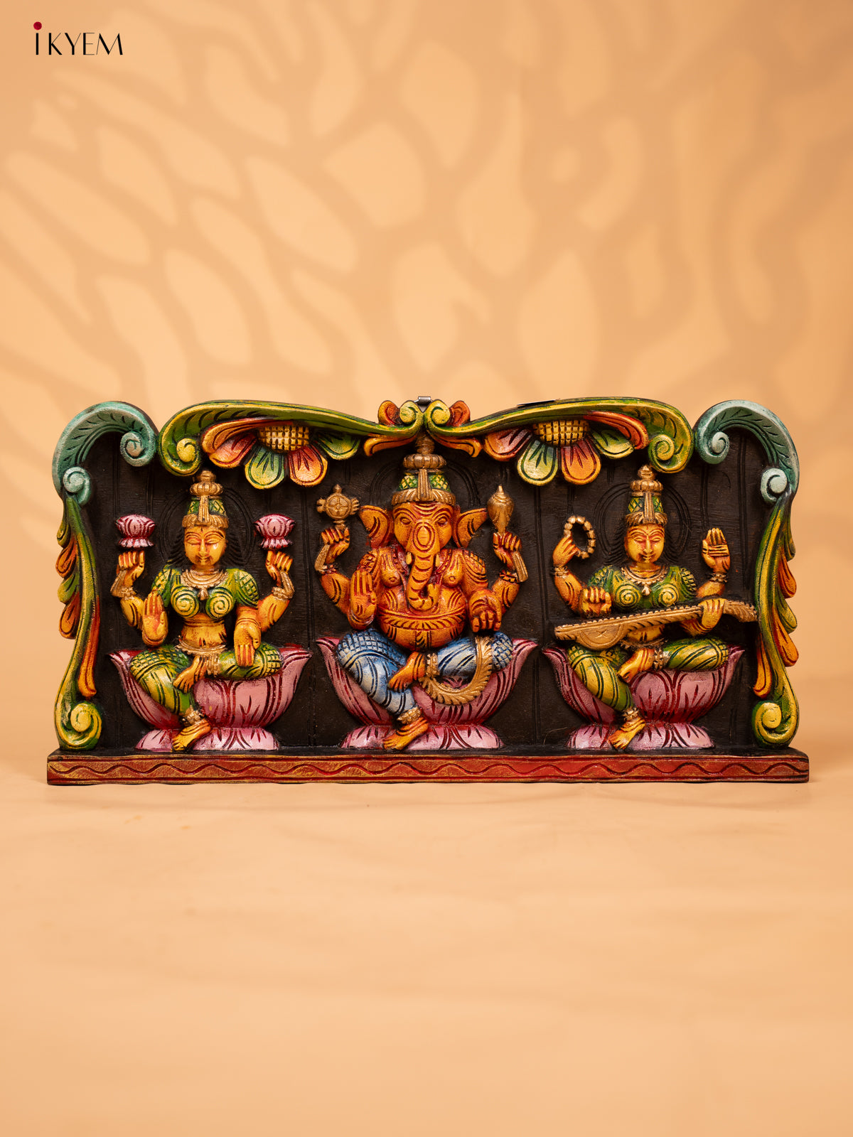 Wooden Hand Carved Painted Ganesha, Lakshmi, Saraswathy Panel - KD18122