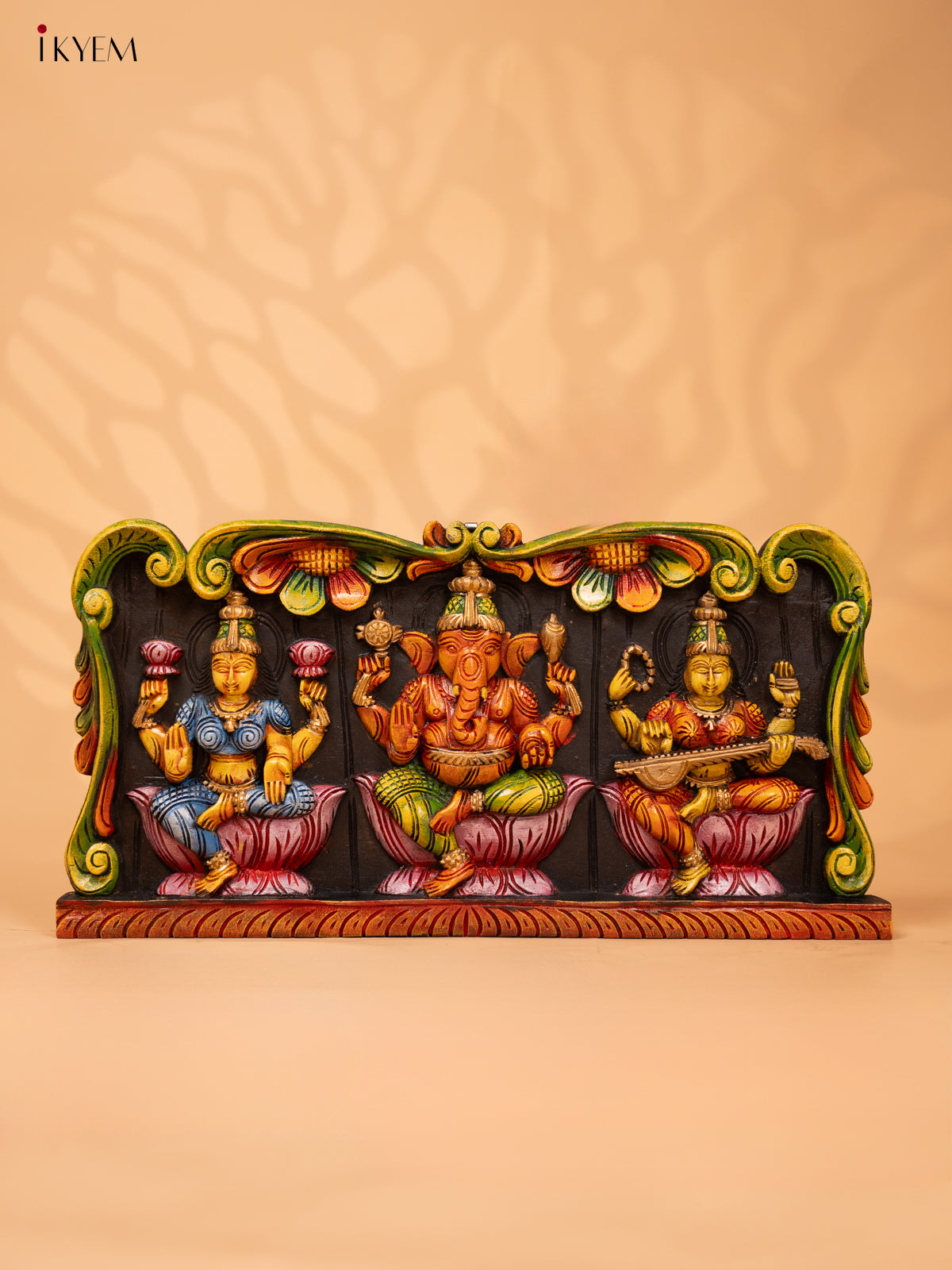 Wooden Hand Carved Painted  Ganesha, Lakshmi, Saraswathy Panel - KD18123