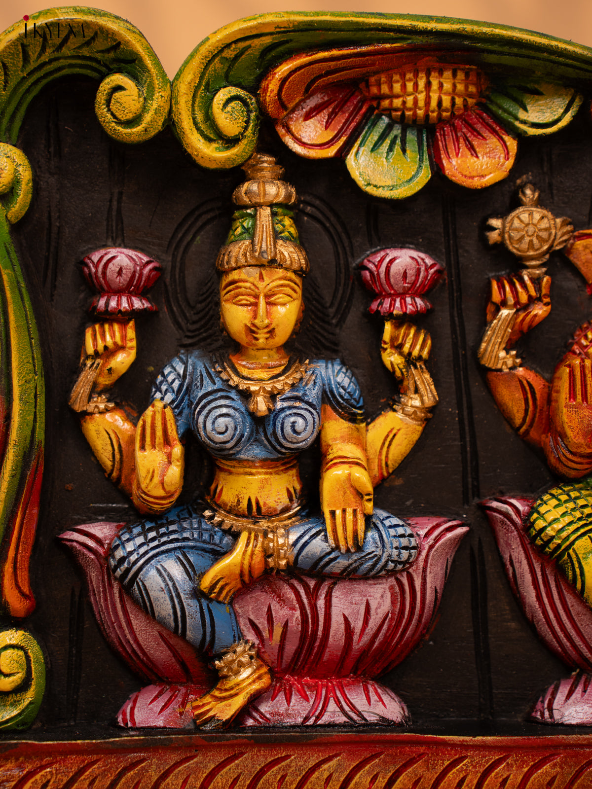 Wooden Hand Carved Painted  Ganesha, Lakshmi, Saraswathy Panel - KD18123