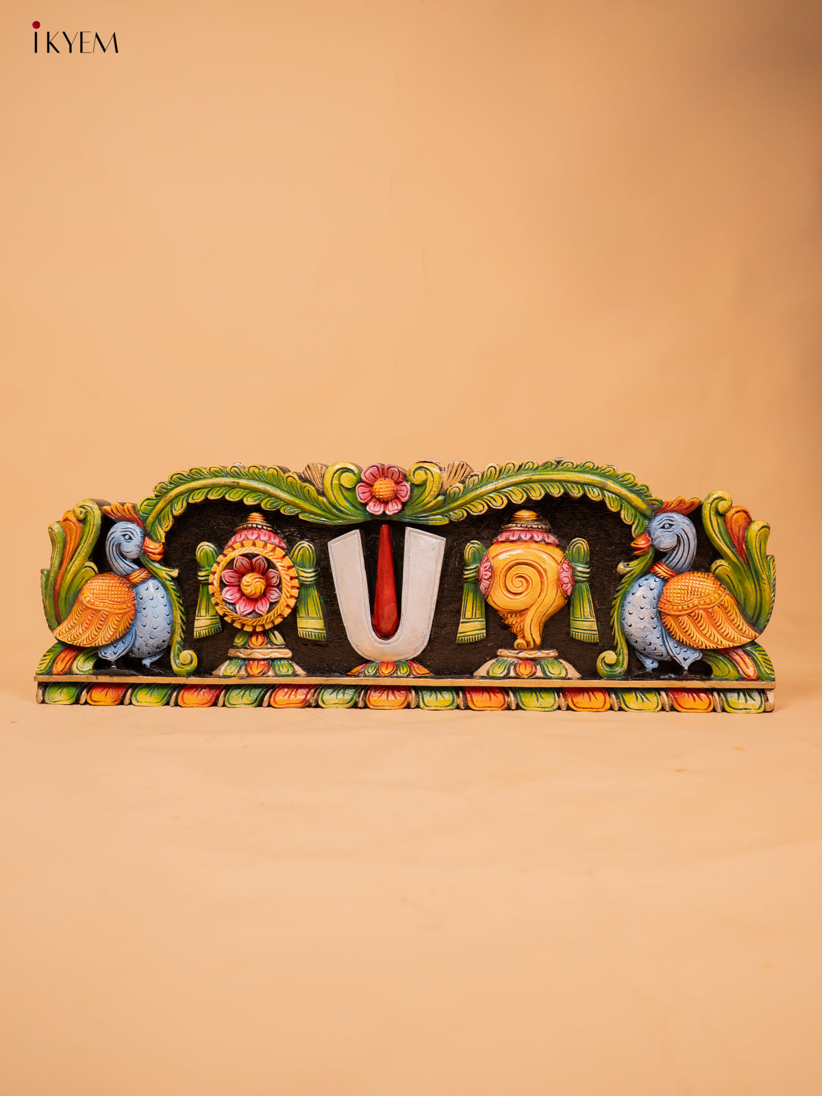 Wooden Hand Carved Painted Sangu Chakram Namam Panel - KD18125