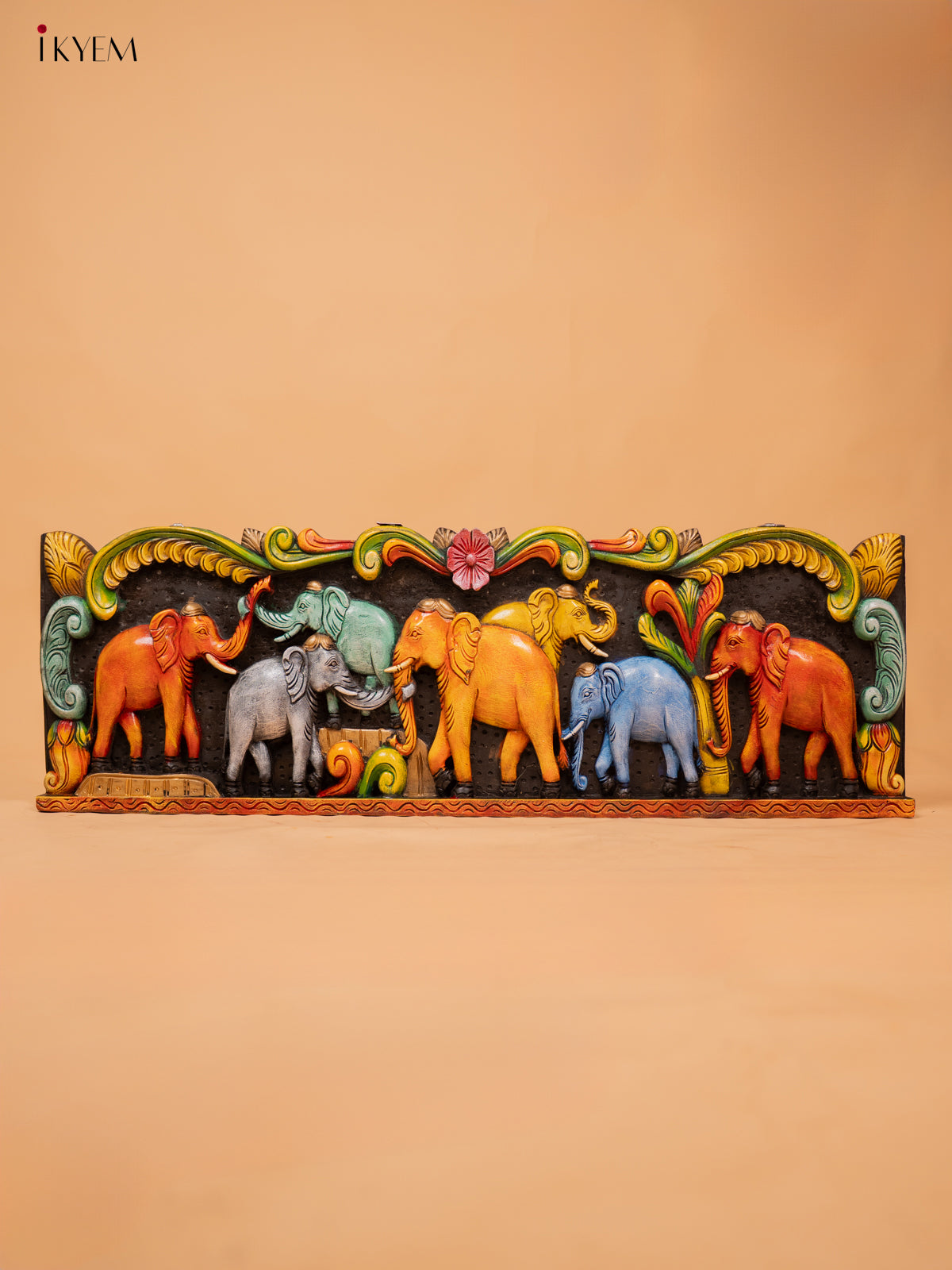 Wooden Hand Carved Painted Elephant Panel - KD18126