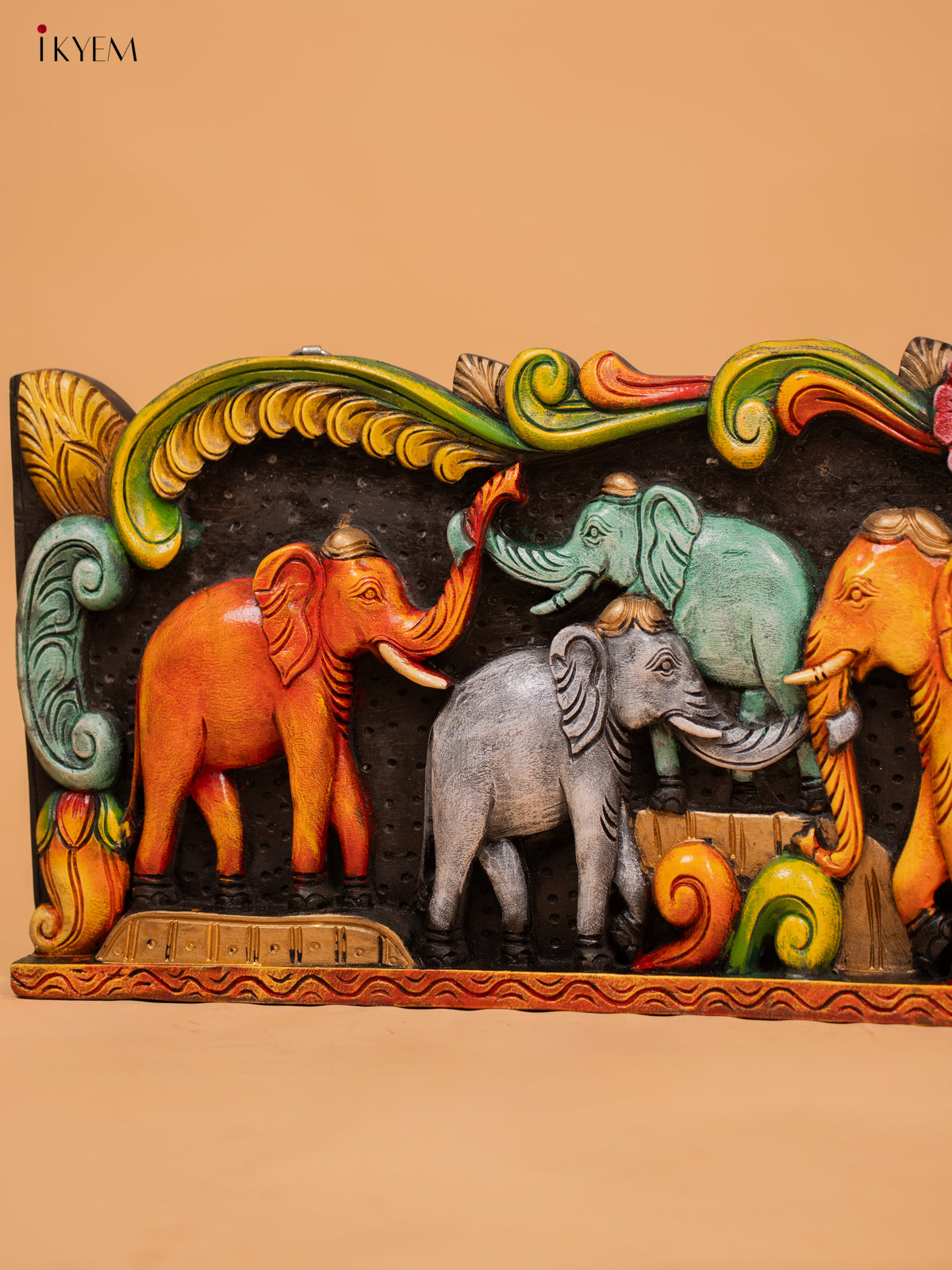 Wooden Hand Carved Painted Elephant Panel - KD18126
