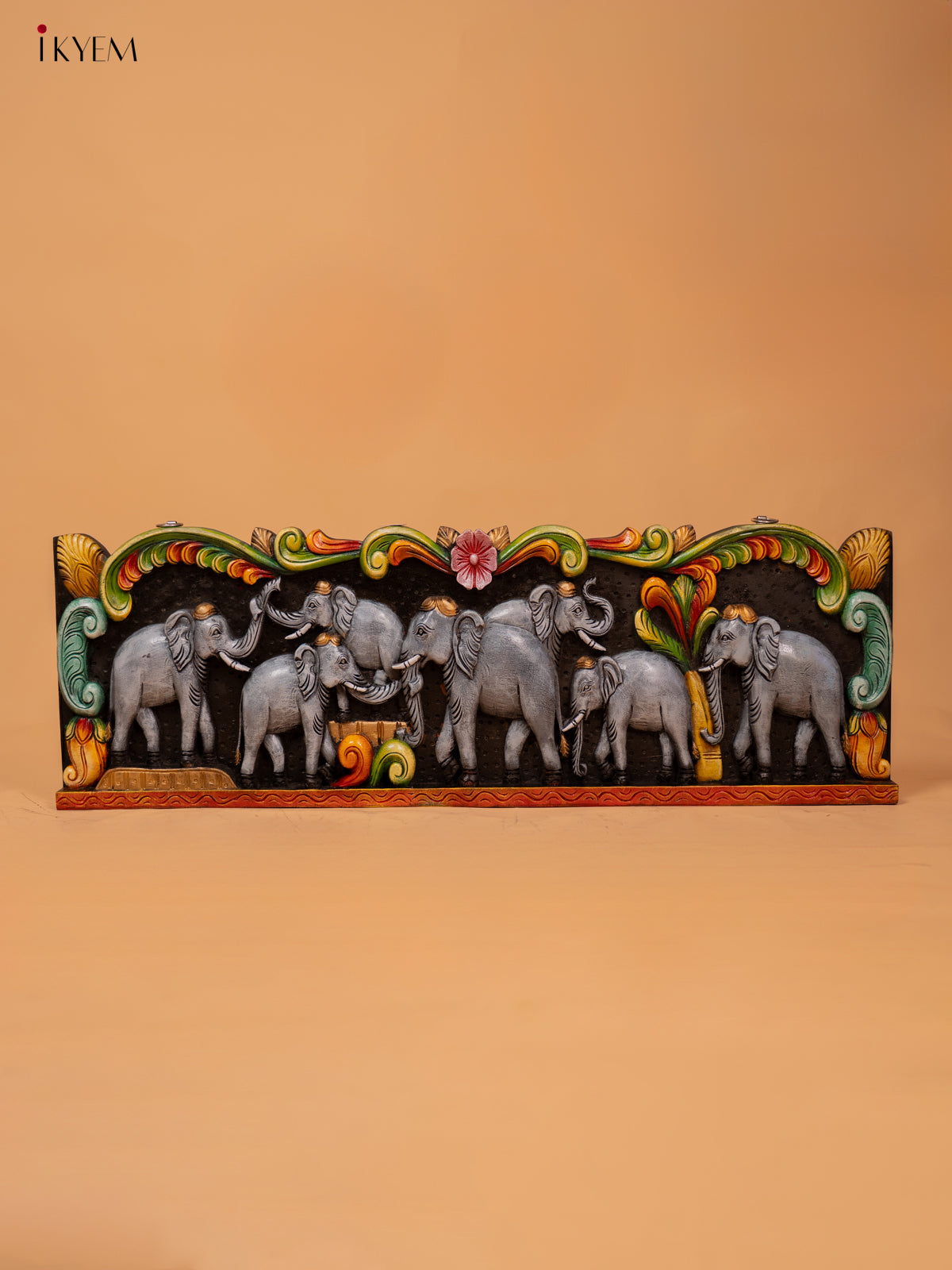 Wooden Hand Carved Painted Elephant Panel - KD18127