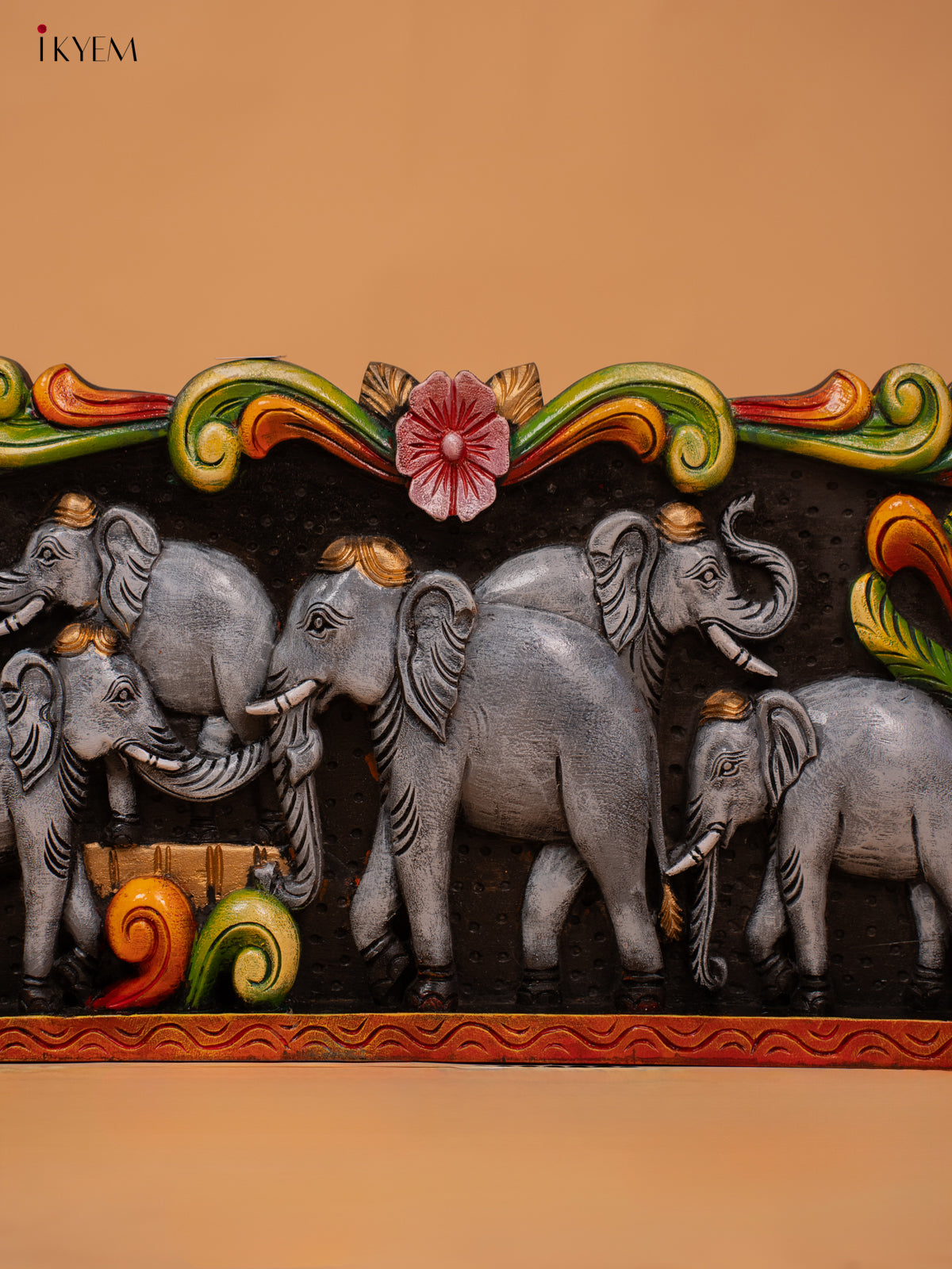 Wooden Hand Carved Painted Elephant Panel - KD18127