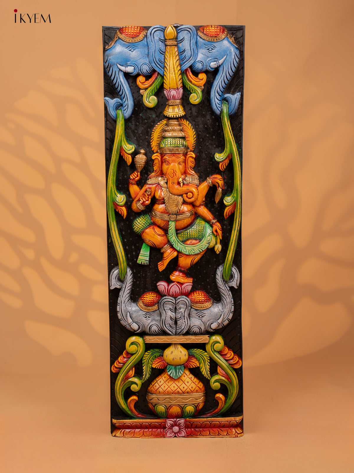 Wooden Hand Carved Painted Ganesha with Elephant Panel - 36 Inch - KD18128