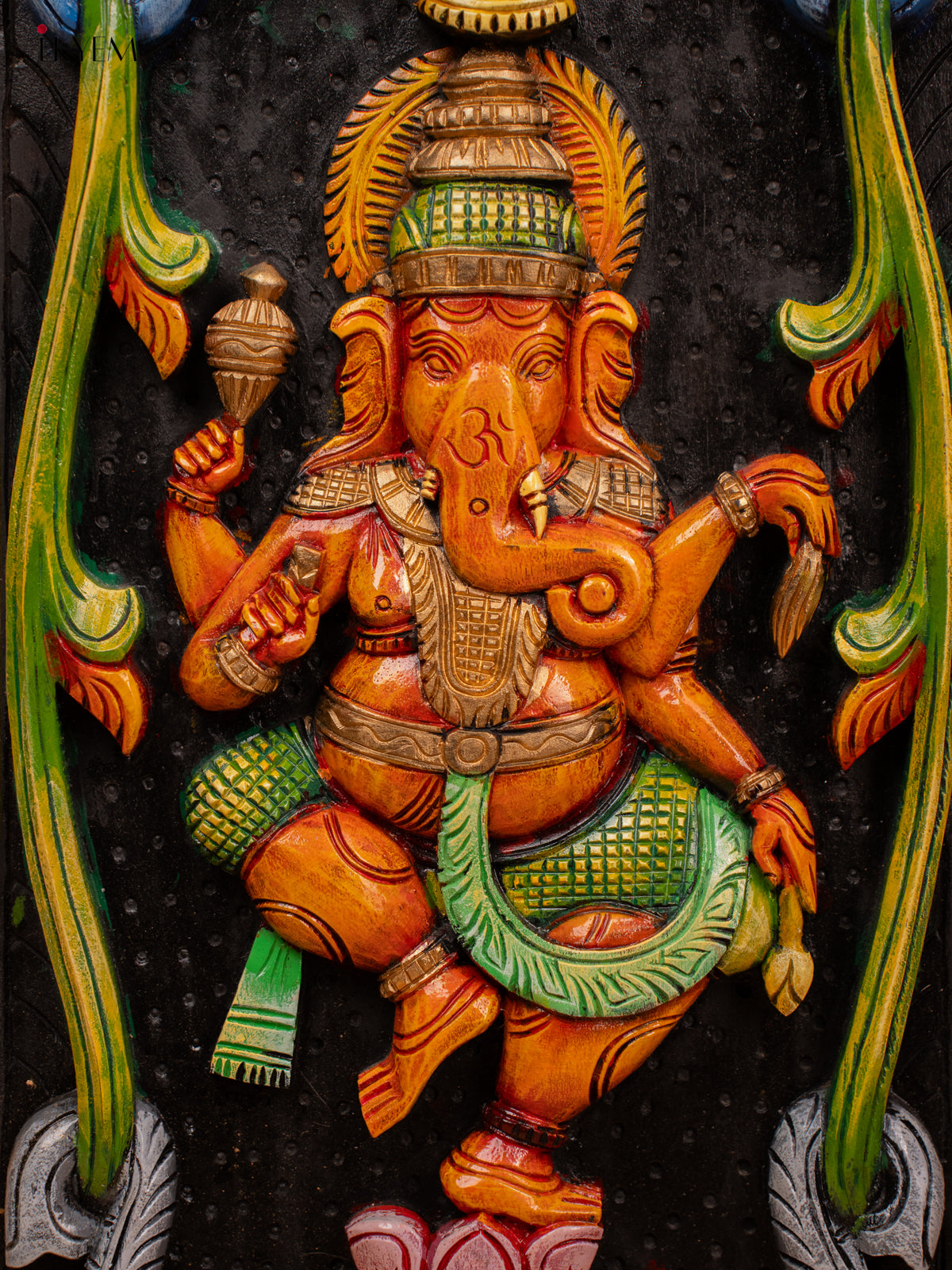 Wooden Hand Carved Painted Ganesha with Elephant Panel - 36 Inch - KD18128
