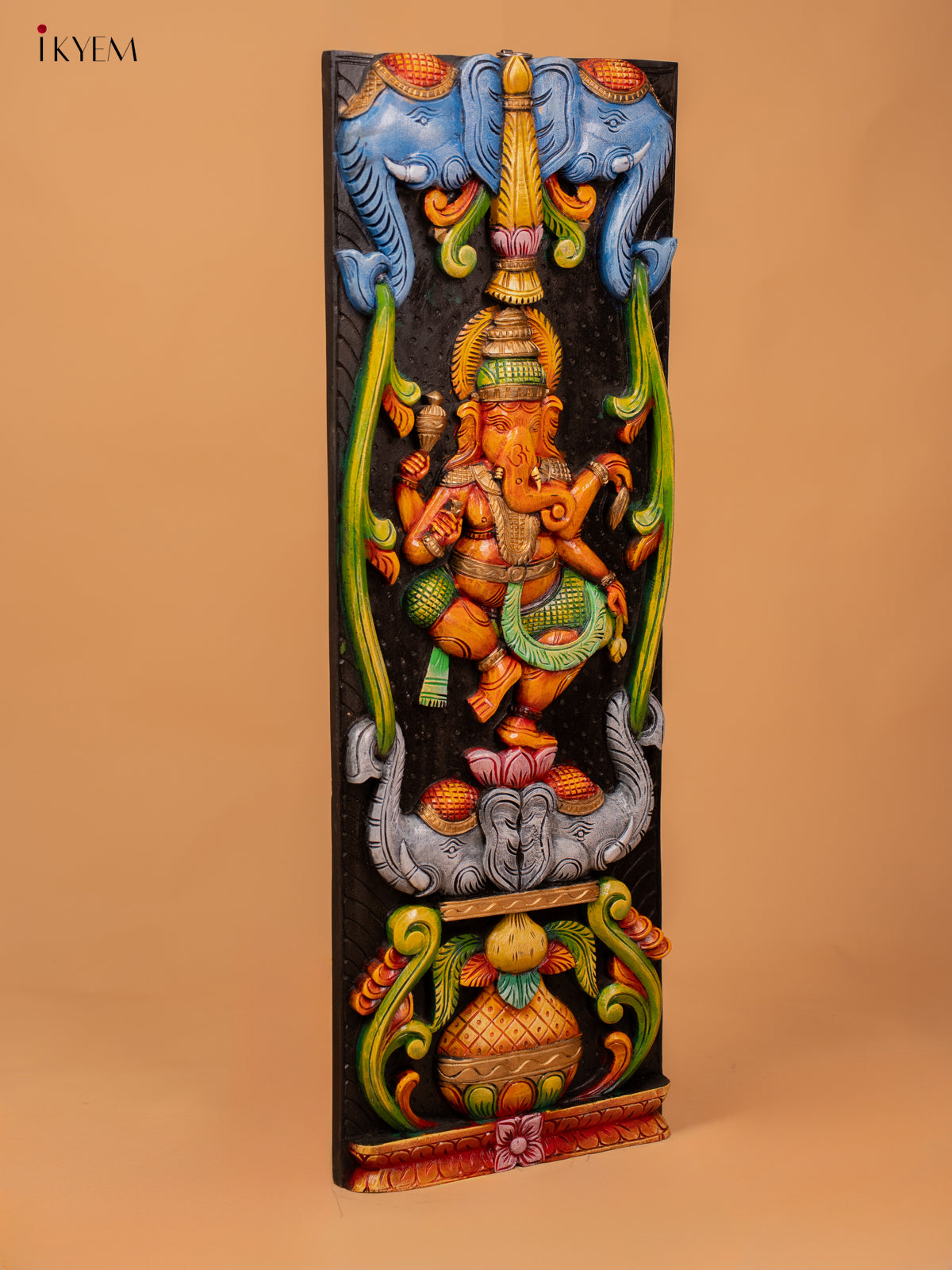 Wooden Hand Carved Painted Ganesha with Elephant Panel - 36 Inch - KD18128