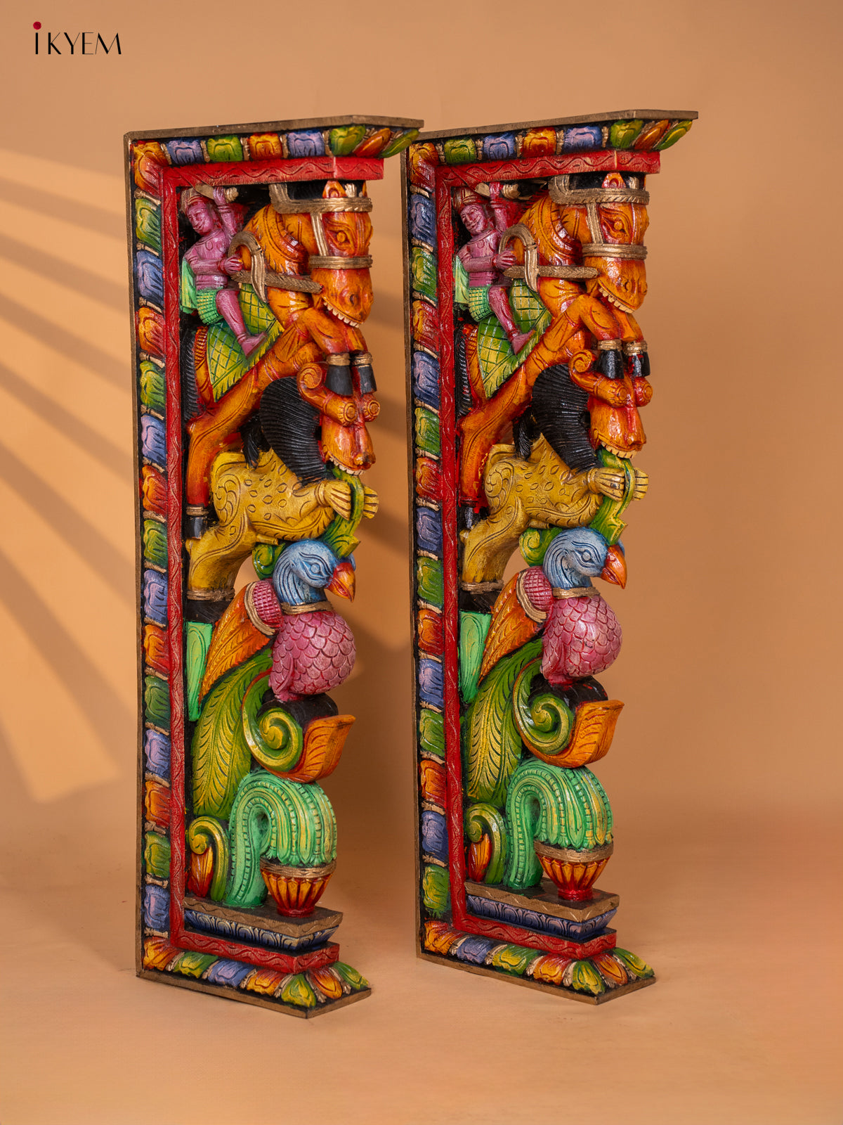 Wooden Hand Carved Painted Wall Bracket Horse, Yali with Peacock - Set of 2 - KD18129