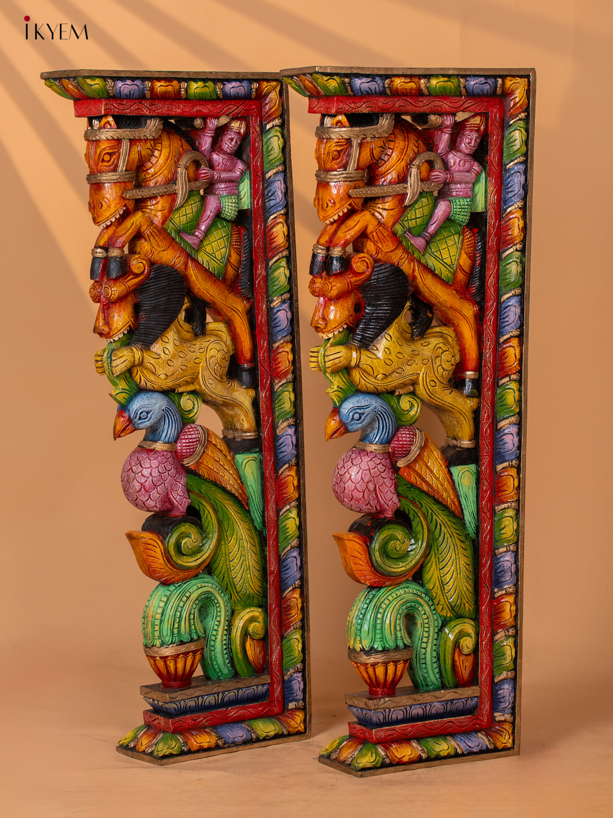 Wooden Hand Carved Painted Wall Bracket Horse, Yali with Peacock - Set of 2 - KD18129