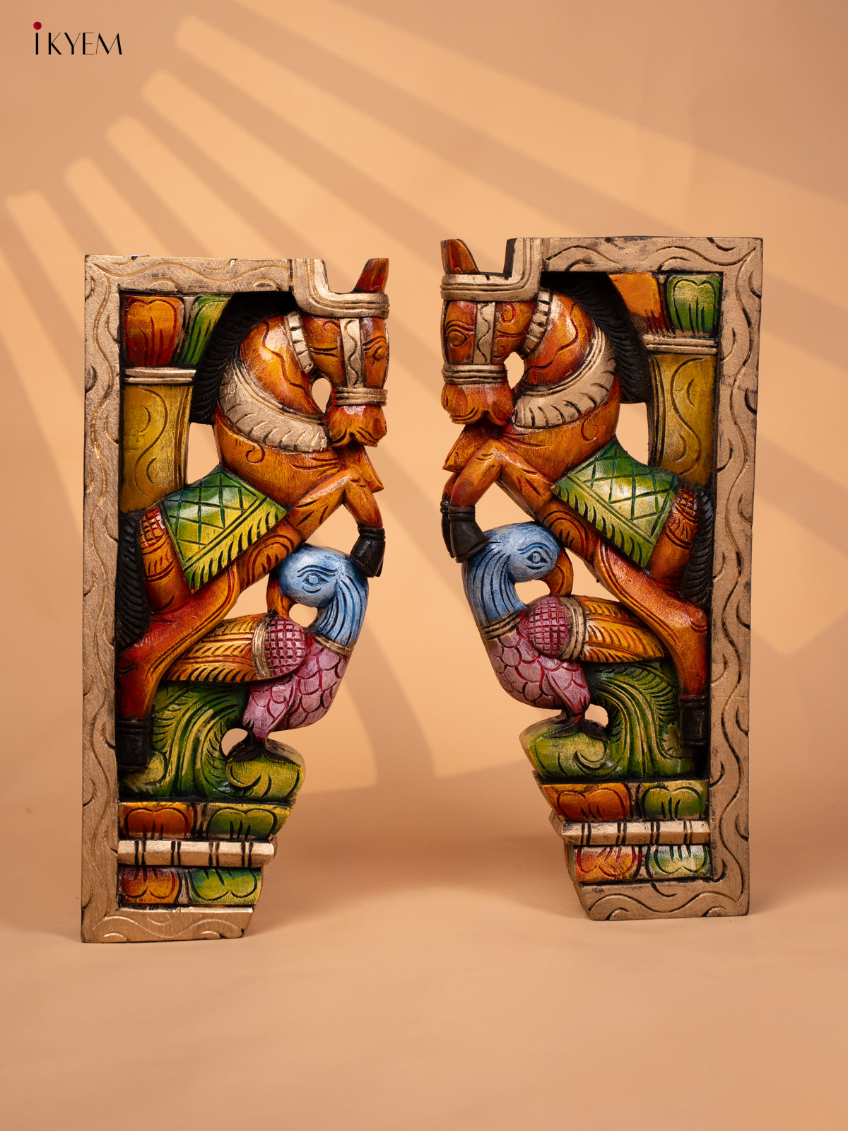 Wooden Hand Carved Painted Wall Bracket - Set of 2 -Horse & Parrot - KD18130