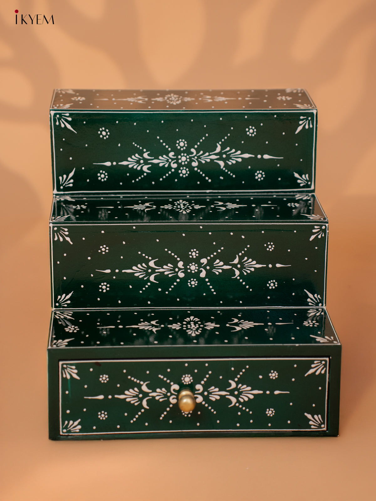 WOODEN HANDPAINTED 3-STEP GOLU PADI WITH DRAWER-GREEN - KD18142