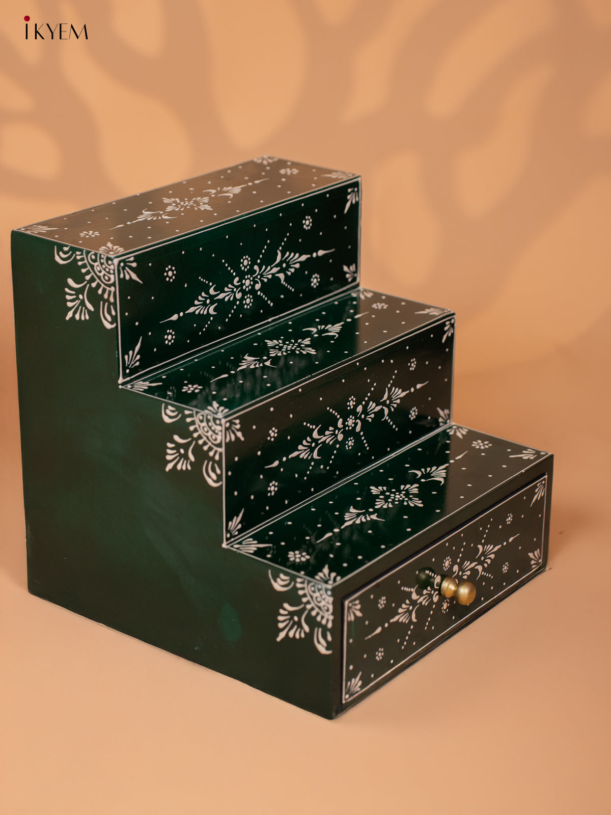 WOODEN HANDPAINTED 3-STEP GOLU PADI WITH DRAWER-GREEN - KD18142