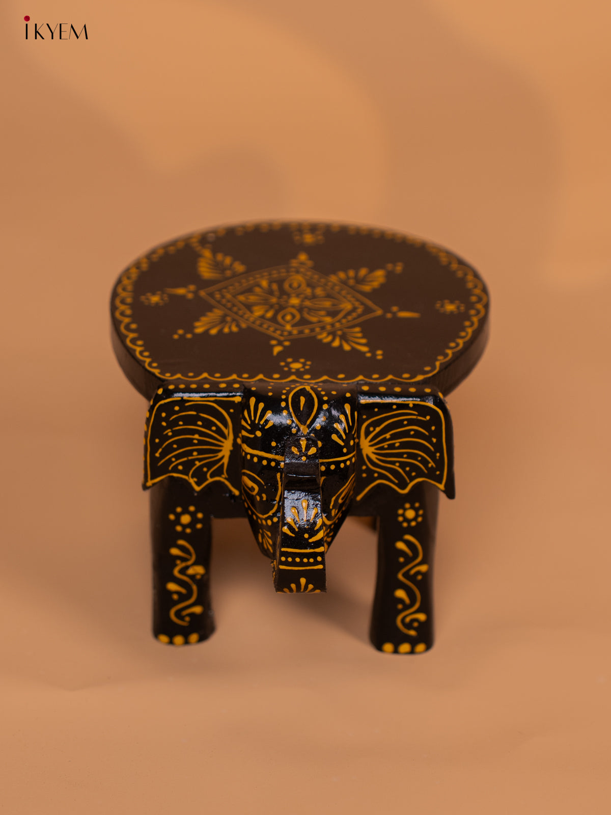 Wooden Hand painted Elephant Stool - Black with Yellow - 4 Inch- KD18149