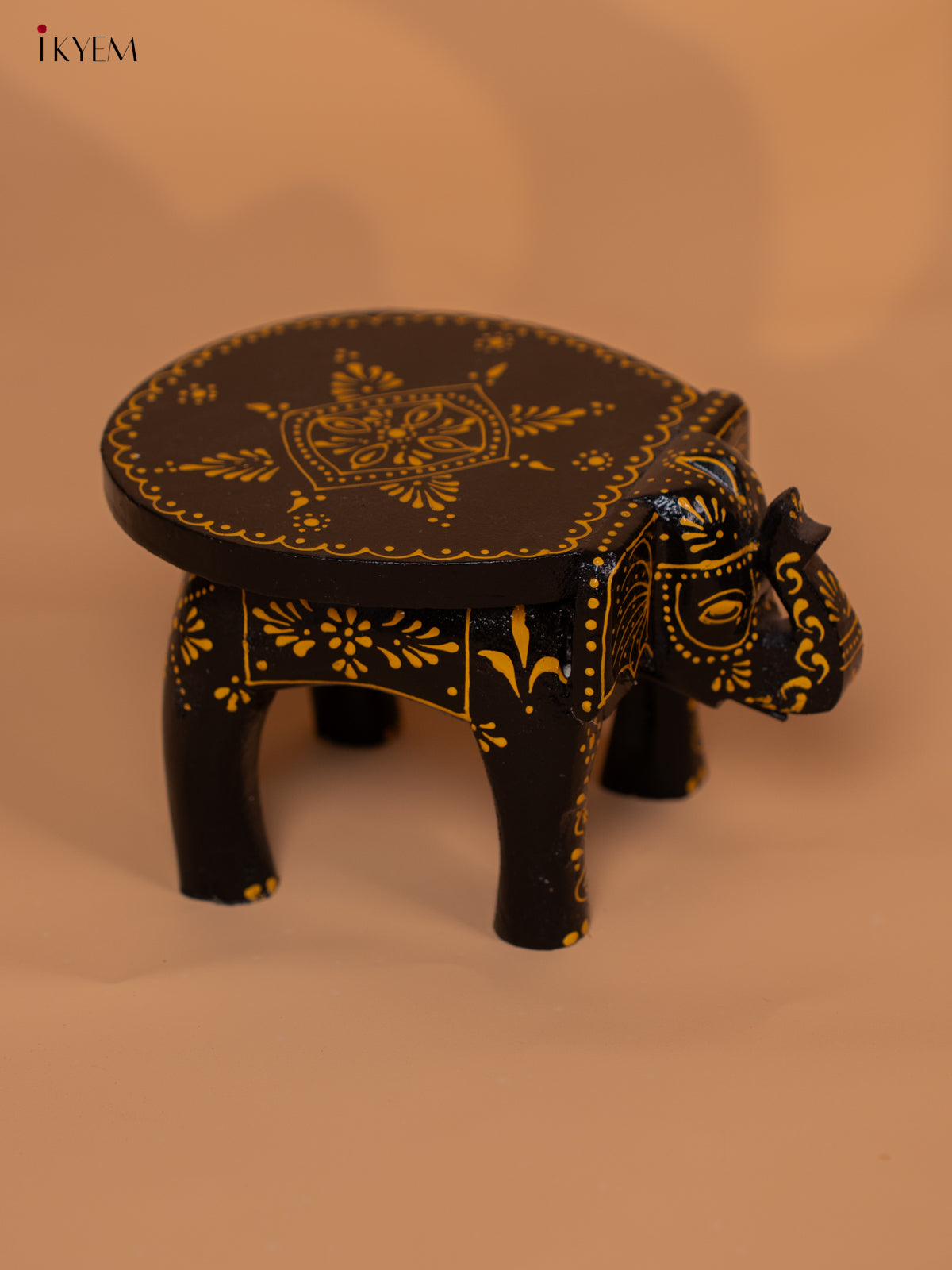 Wooden Hand painted Elephant Stool - Black with Yellow - 4 Inch- KD18149