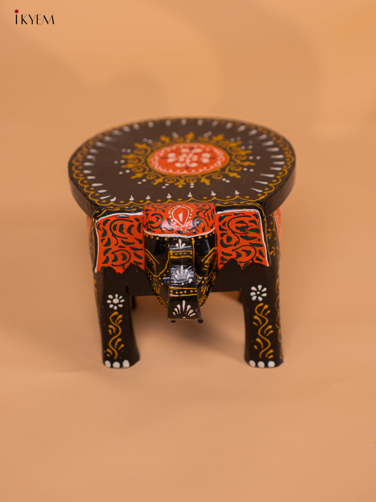 Wooden Hand painted Elephant Stool - Black with Orange - 4 Inch - KD18150