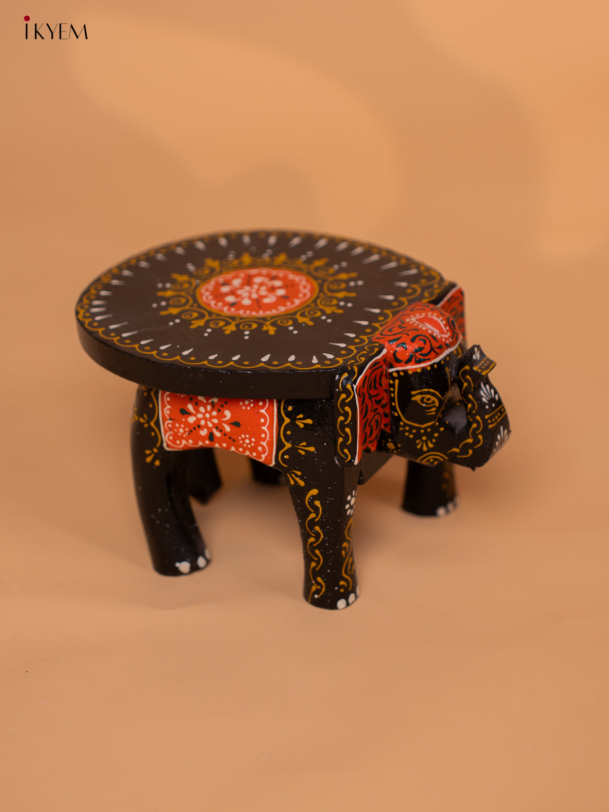 Wooden Hand painted Elephant Stool - Black with Orange - 4 Inch - KD18150