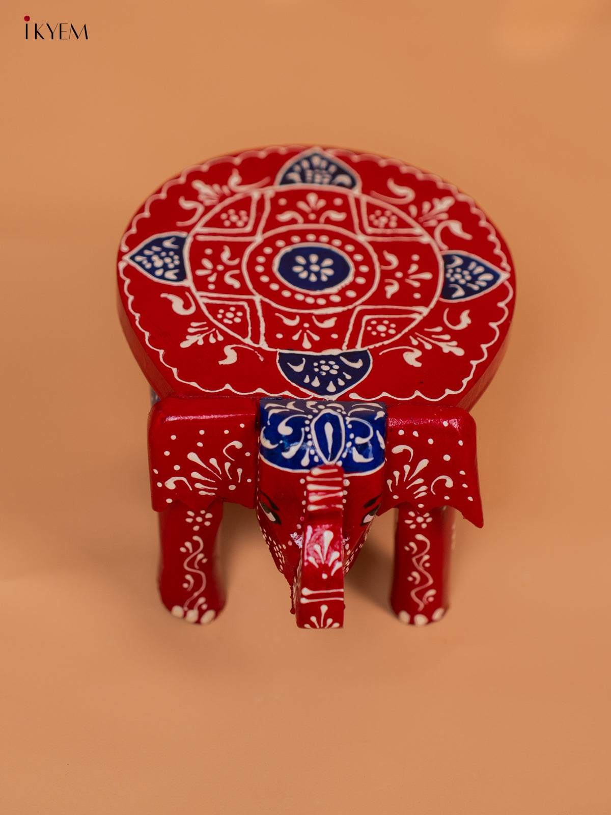 Wooden Hand painted Elephant Stool - Red with Blue - 4 Inch - KD18151