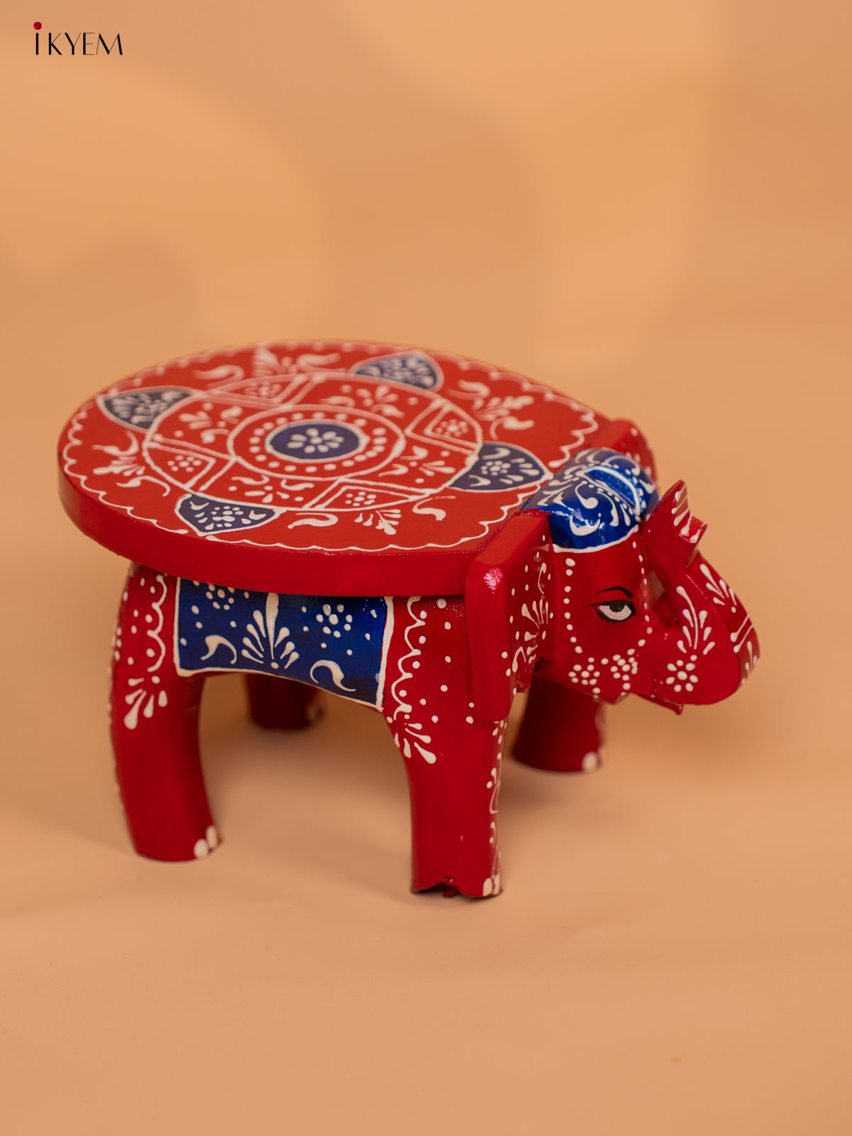 Wooden Hand painted Elephant Stool - Red with Blue - 4 Inch - KD18151